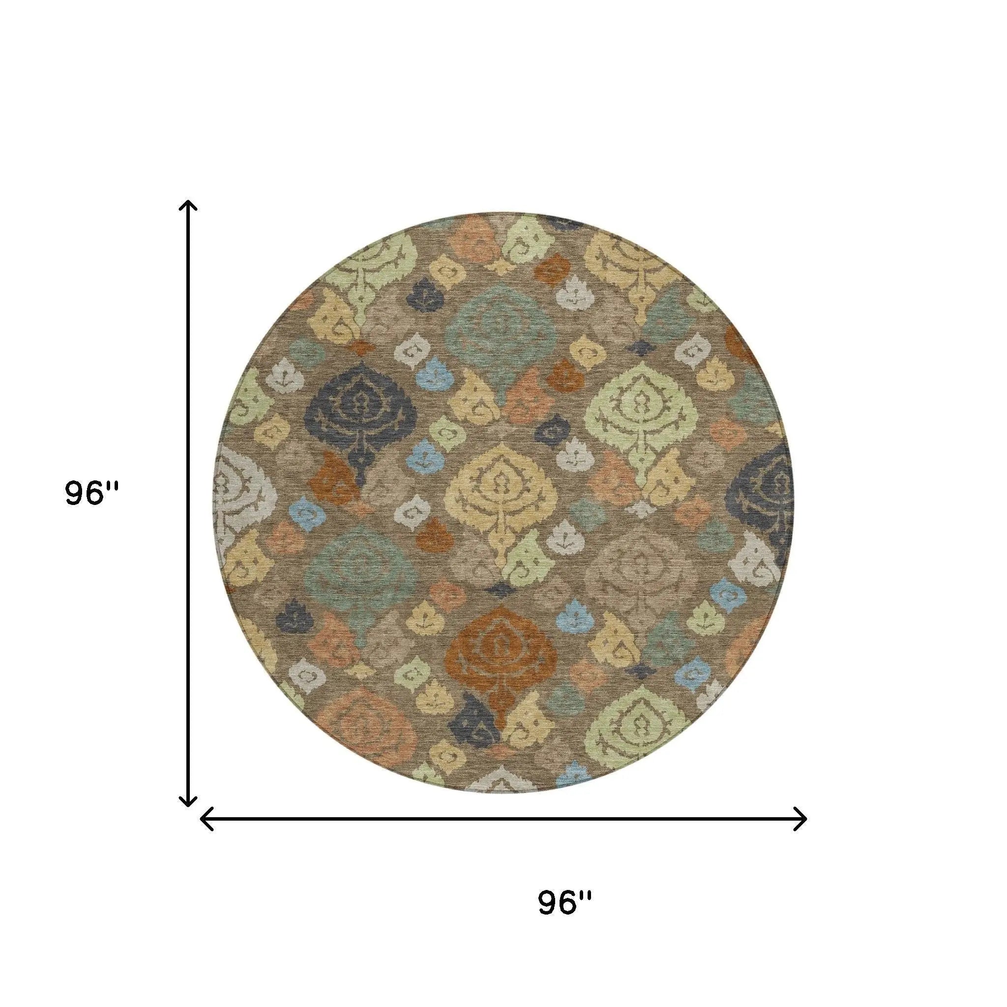 8' Chocolate And Charcoal Round Damask Washable Indoor Outdoor Area Rug Homeroots Outdoor