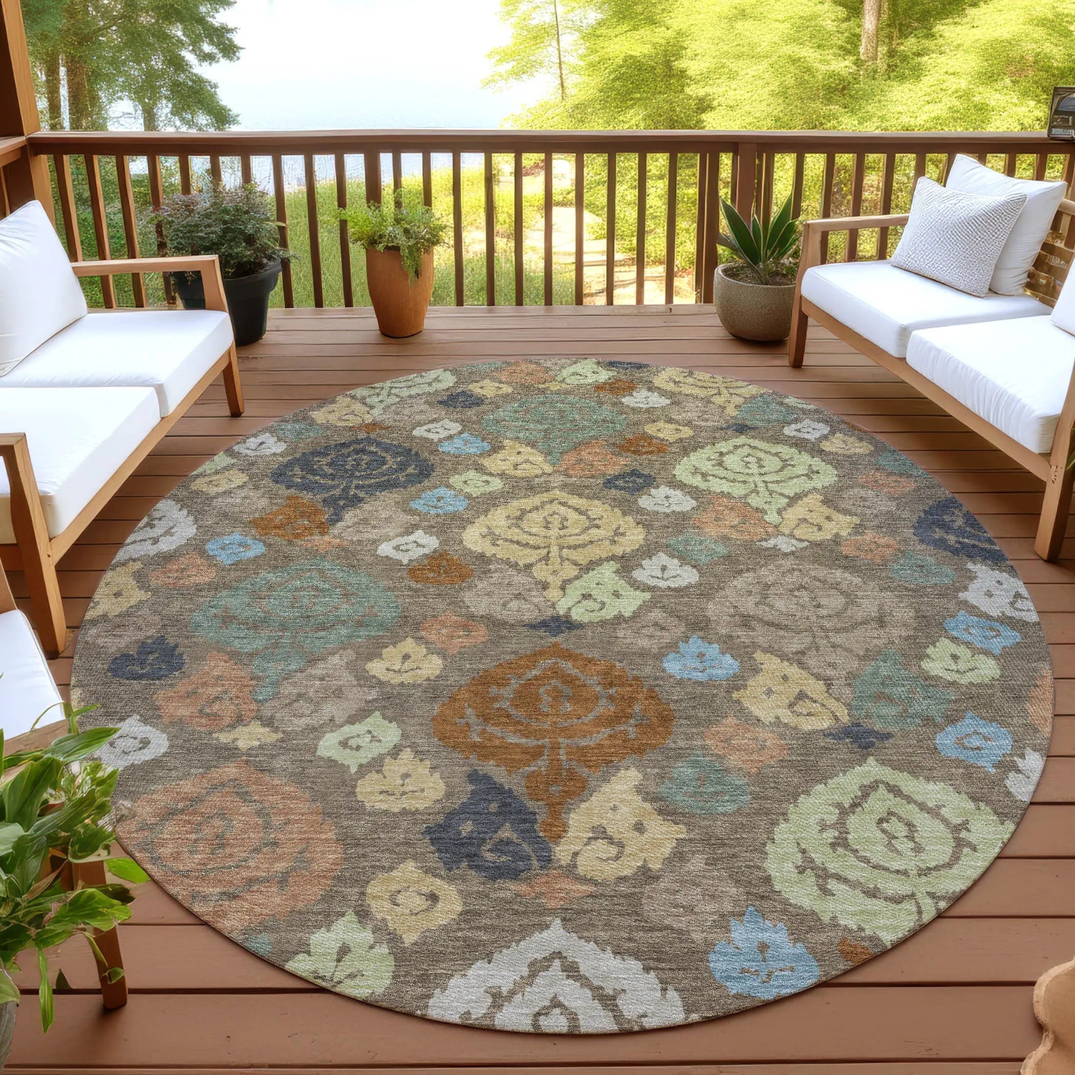 8' Chocolate And Charcoal Round Damask Washable Indoor Outdoor Area Rug Homeroots Outdoor