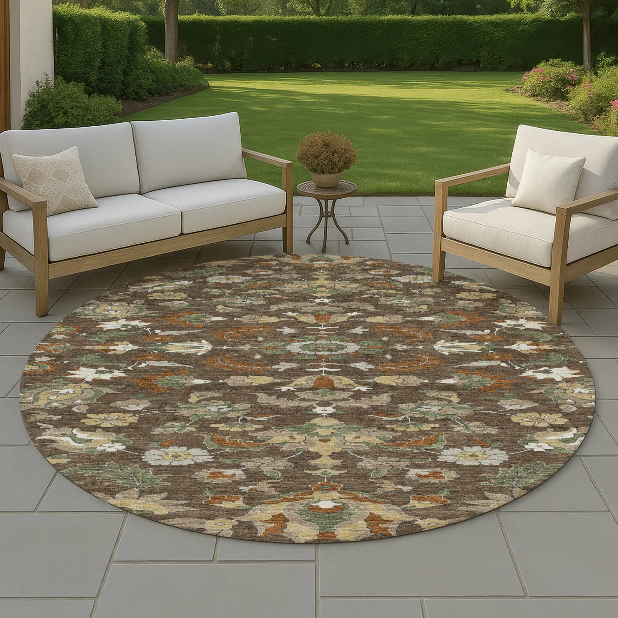 8' Chocolate And Charcoal Round Floral Medallion Washable Indoor Outdoor Area Rug Homeroots Outdoor