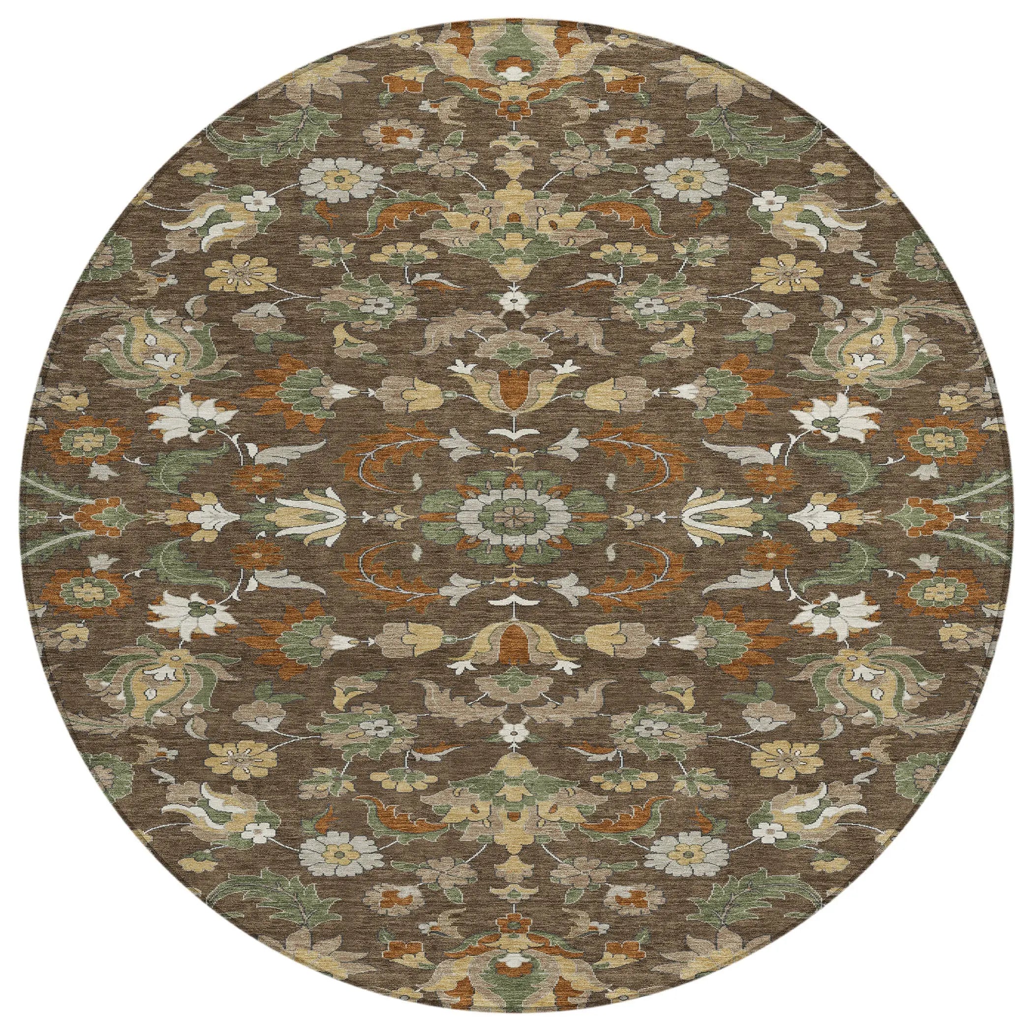 8' Chocolate And Charcoal Round Floral Medallion Washable Indoor Outdoor Area Rug Homeroots Outdoor