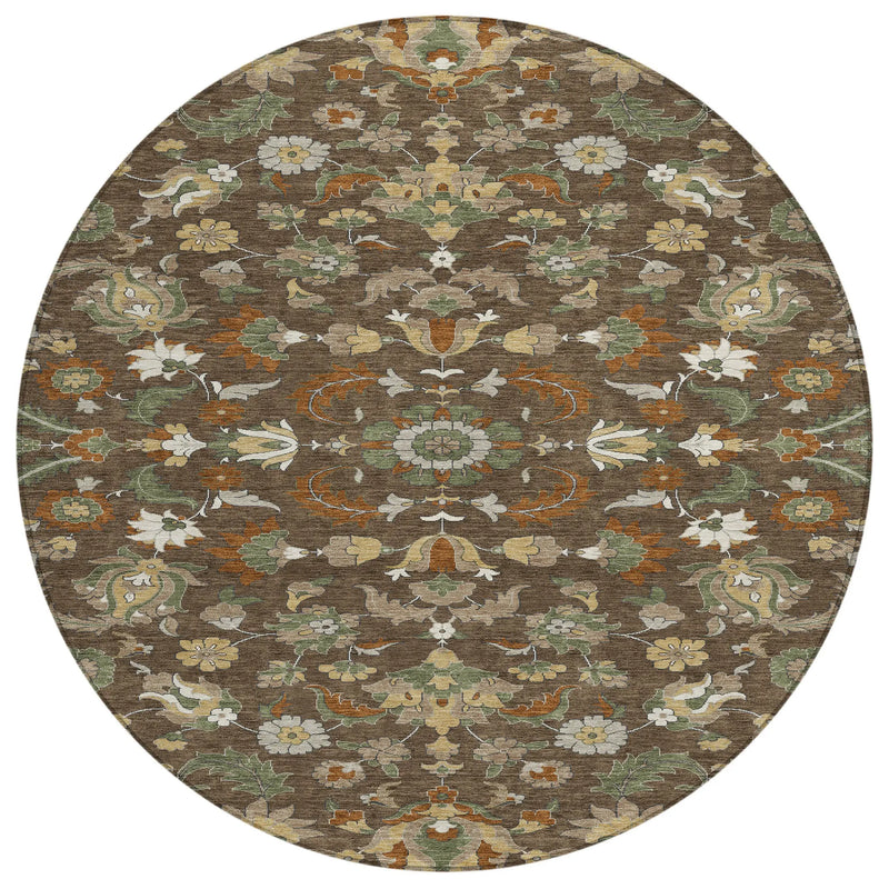 8' Chocolate And Charcoal Round Floral Medallion Washable Indoor Outdoor Area Rug Homeroots Outdoor