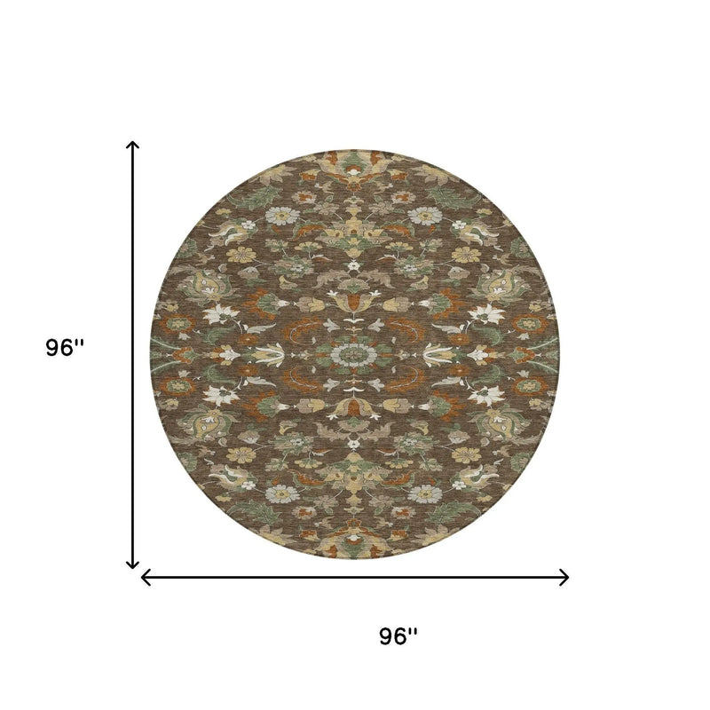 8' Chocolate And Charcoal Round Floral Medallion Washable Indoor Outdoor Area Rug Homeroots Outdoor