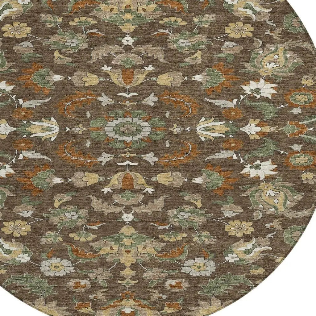 8' Chocolate And Charcoal Round Floral Medallion Washable Indoor Outdoor Area Rug Homeroots Outdoor