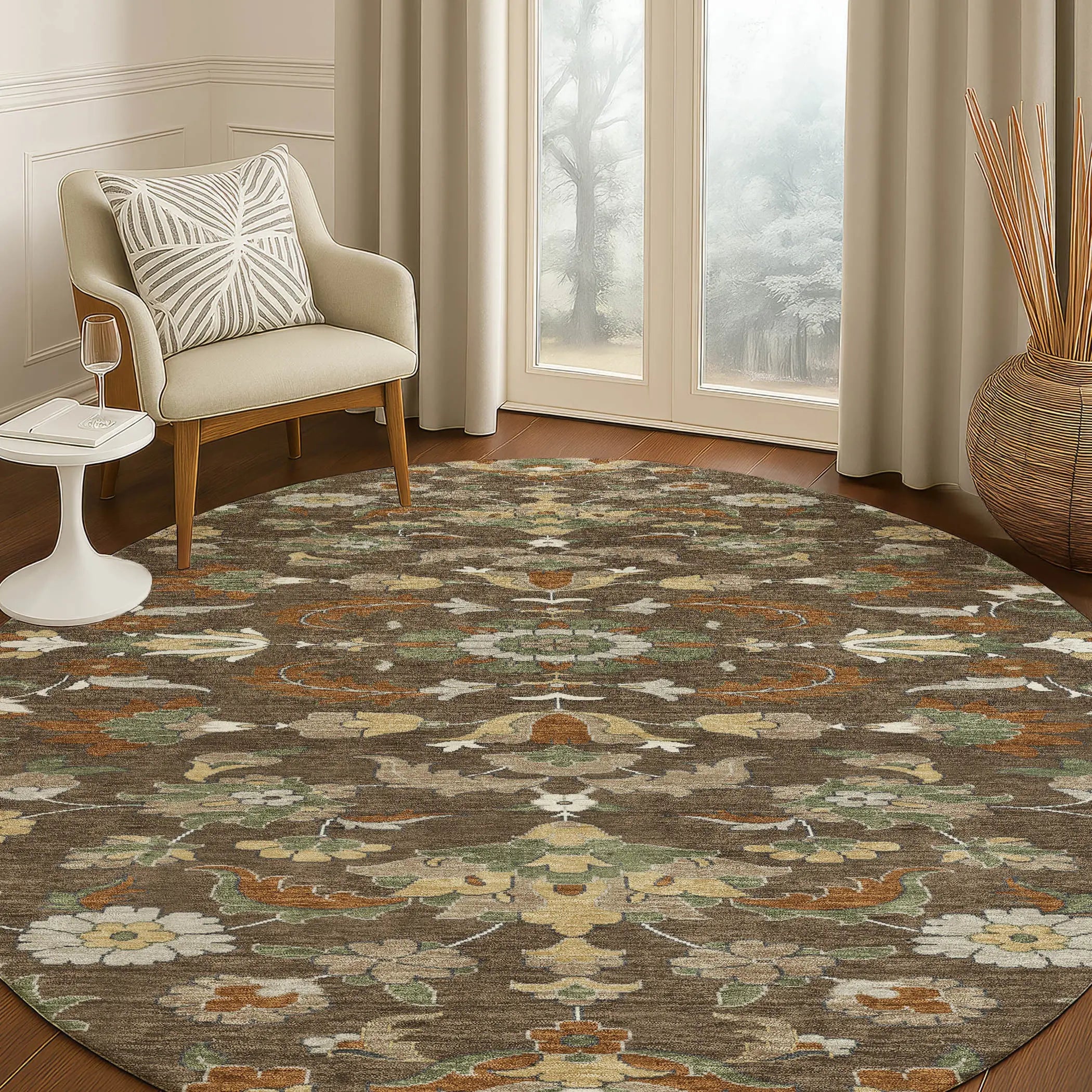 8' Chocolate And Charcoal Round Floral Medallion Washable Indoor Outdoor Area Rug Homeroots Outdoor