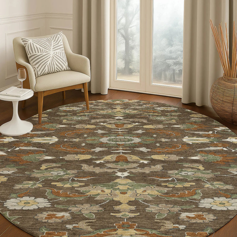 8' Chocolate And Charcoal Round Floral Medallion Washable Indoor Outdoor Area Rug Homeroots Outdoor