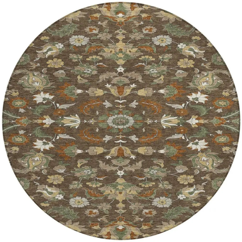 8' Chocolate And Charcoal Round Floral Medallion Washable Indoor Outdoor Area Rug Homeroots Outdoor