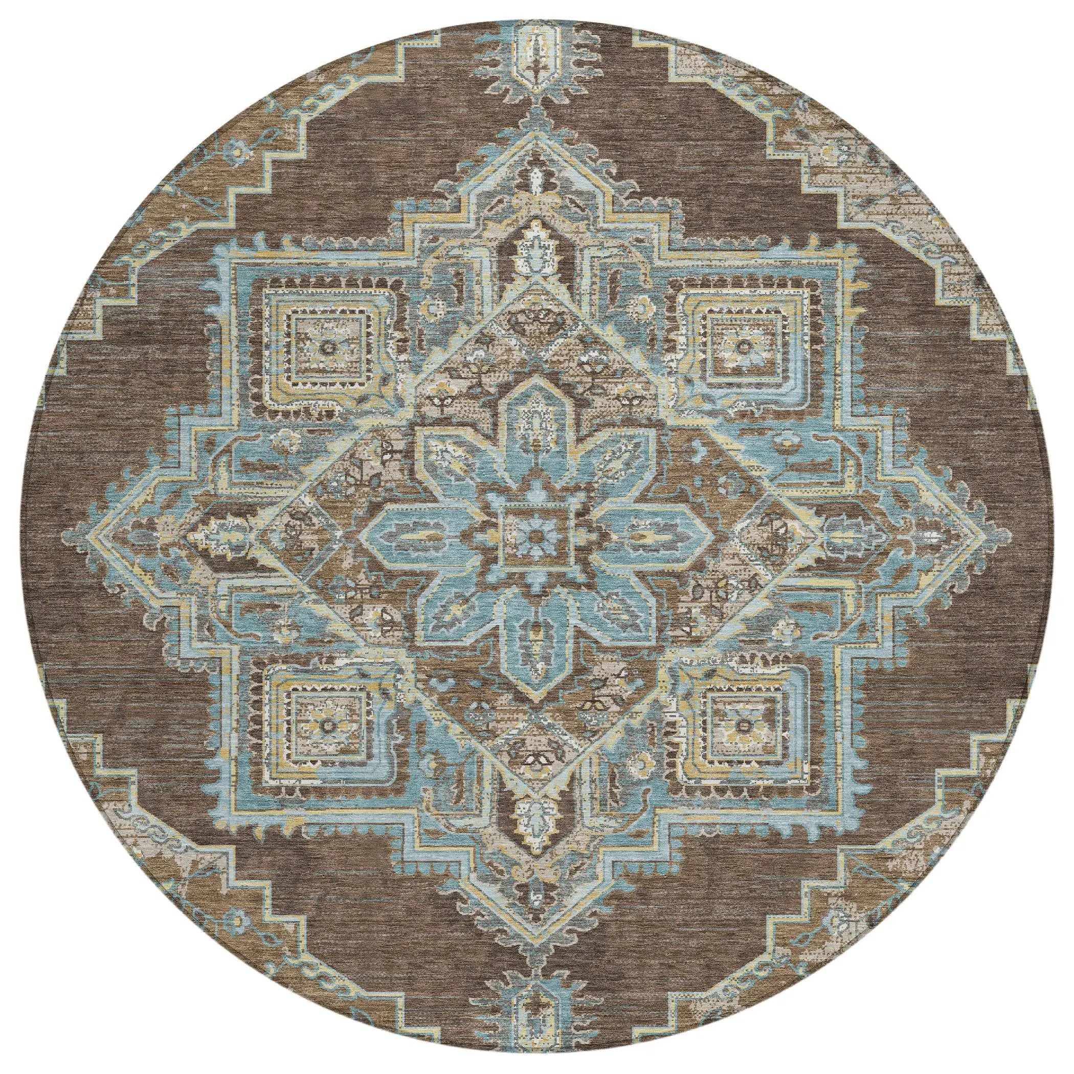 8' Chocolate And Coffee Round Oriental Washable Indoor Outdoor Area Rug Homeroots Outdoor