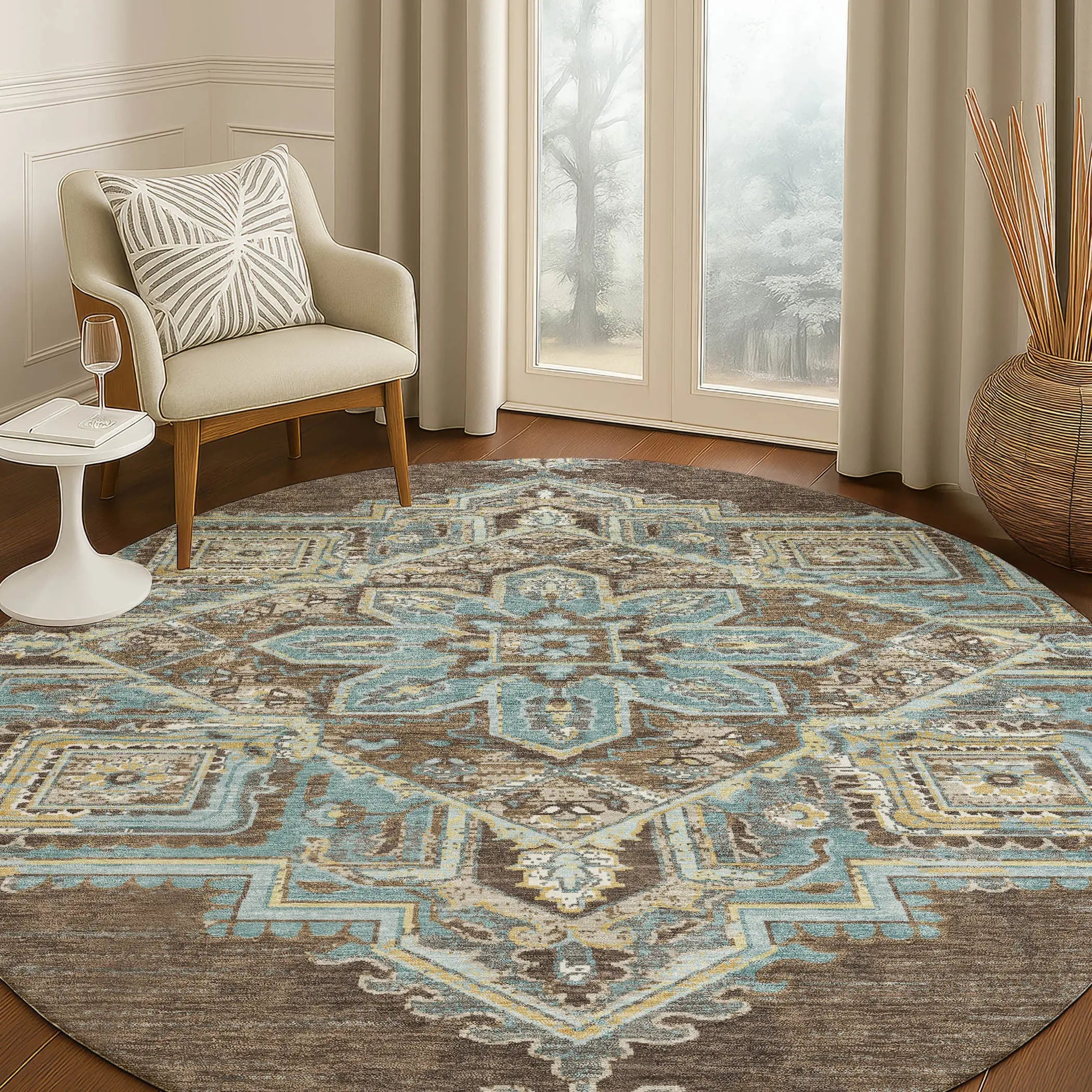 8' Chocolate And Coffee Round Oriental Washable Indoor Outdoor Area Rug Homeroots Outdoor