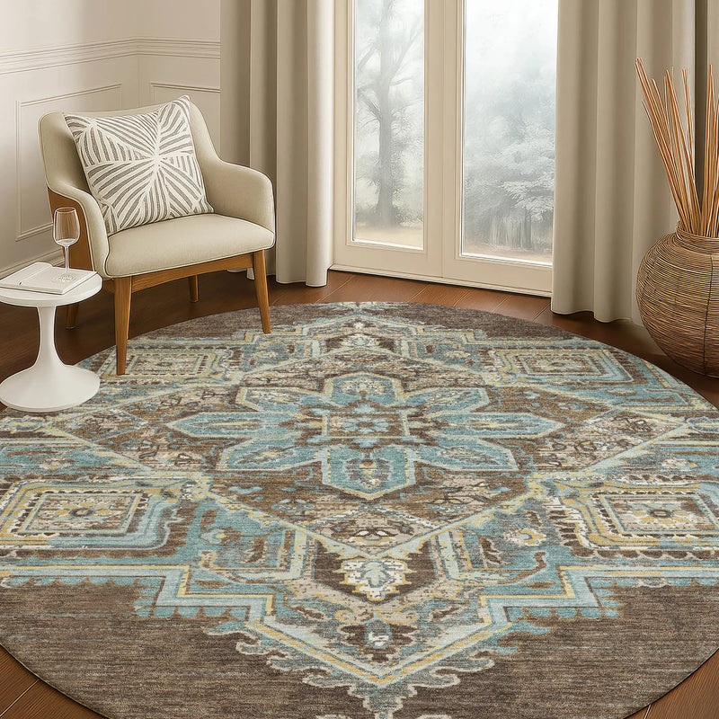 8' Chocolate And Coffee Round Oriental Washable Indoor Outdoor Area Rug Homeroots Outdoor