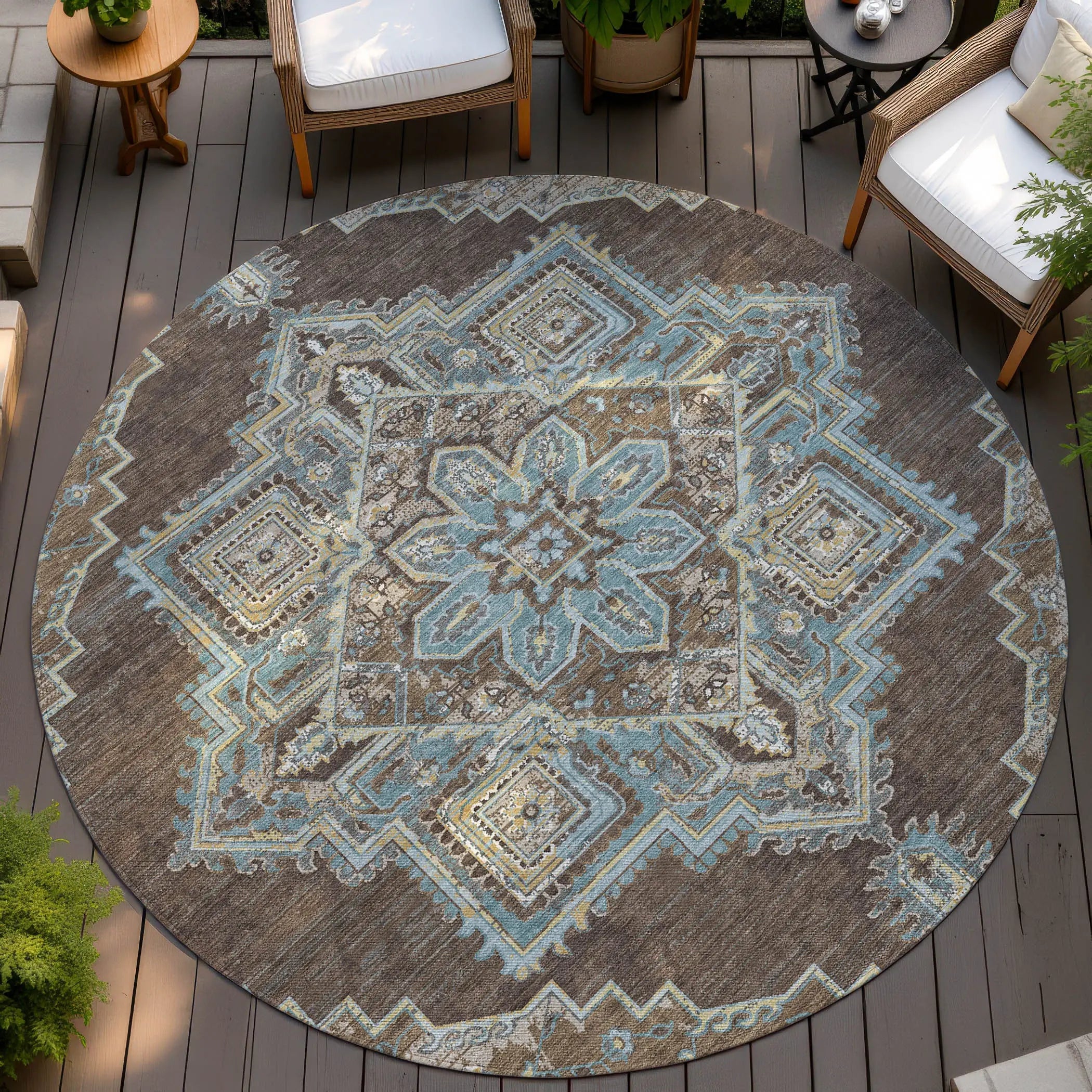 8' Chocolate And Coffee Round Oriental Washable Indoor Outdoor Area Rug Homeroots Outdoor