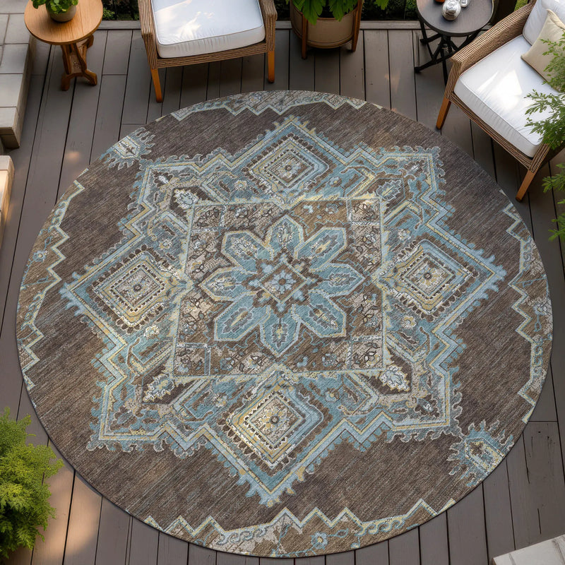 8' Chocolate And Coffee Round Oriental Washable Indoor Outdoor Area Rug Homeroots Outdoor