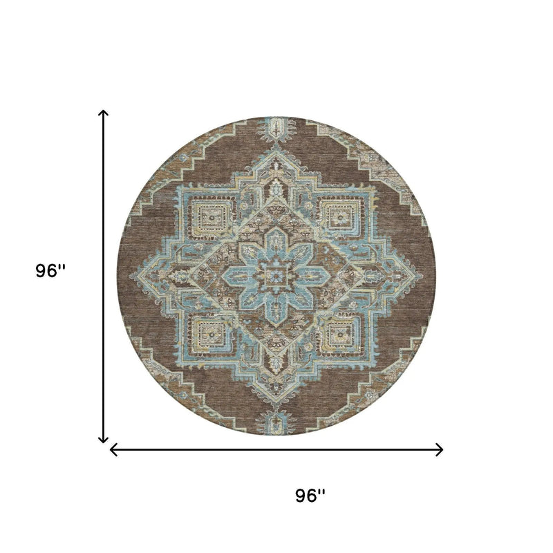 8' Chocolate And Coffee Round Oriental Washable Indoor Outdoor Area Rug Homeroots Outdoor