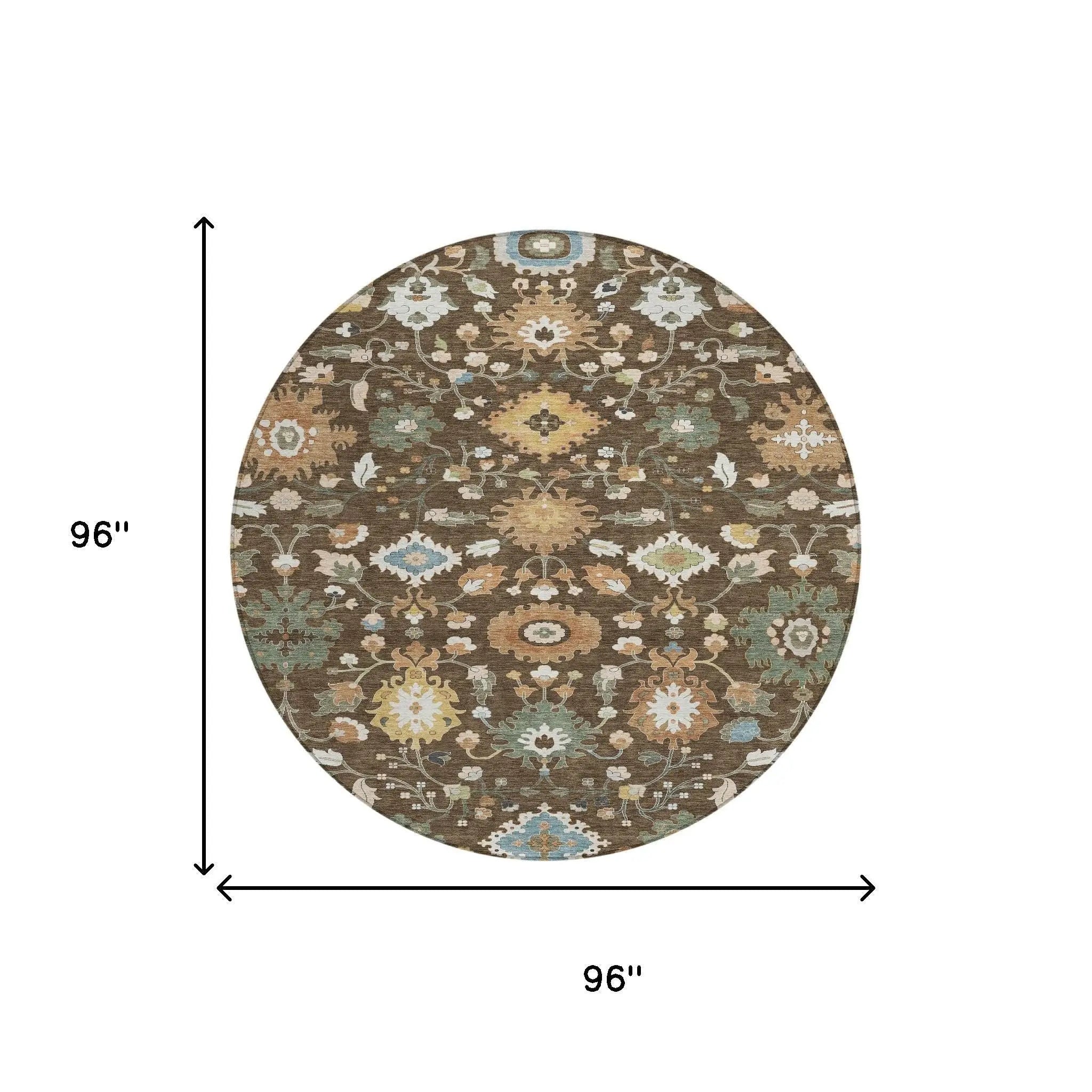 8' Chocolate And Copper Round Floral Medallion Washable Indoor Outdoor Area Rug Homeroots Outdoor