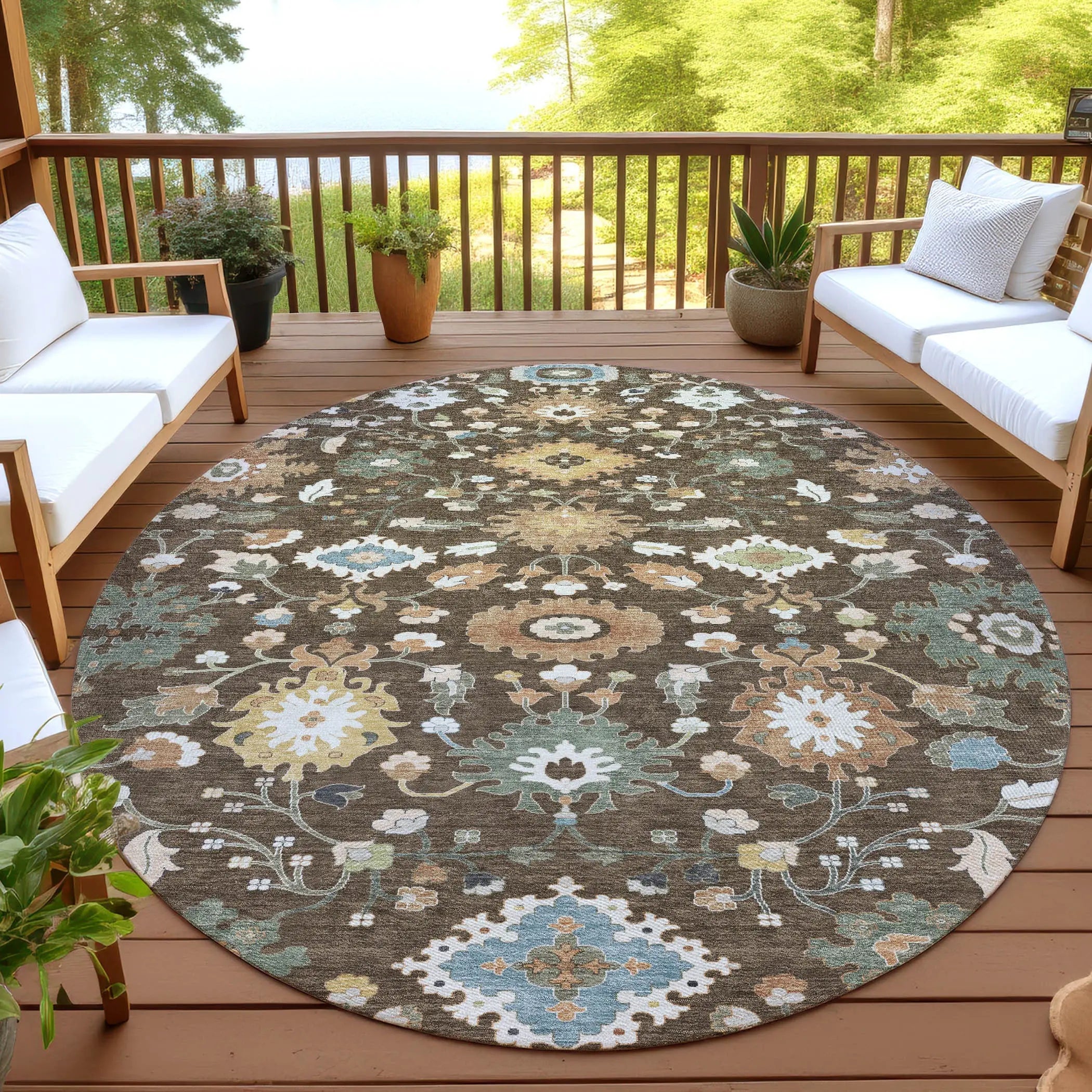 8' Chocolate And Copper Round Floral Medallion Washable Indoor Outdoor Area Rug Homeroots Outdoor