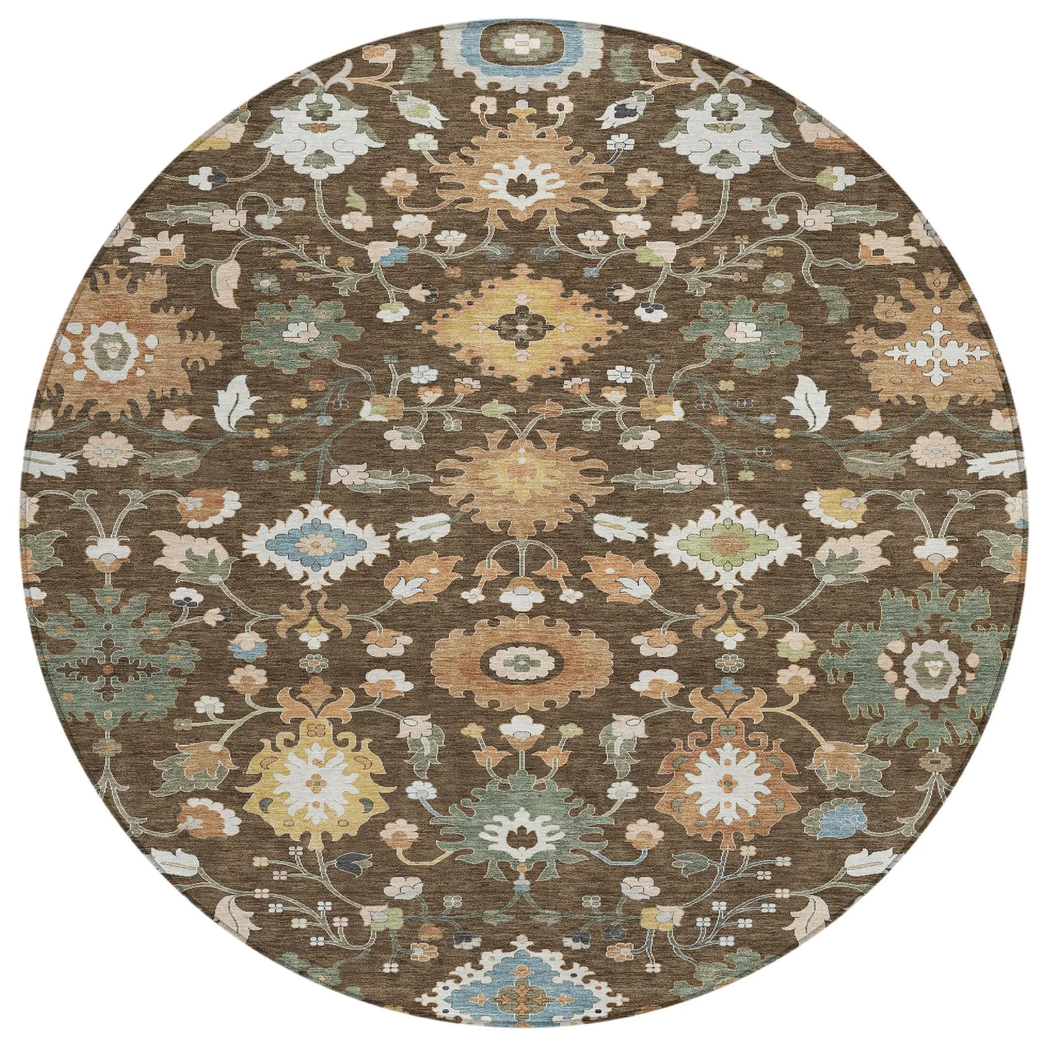8' Chocolate And Copper Round Floral Medallion Washable Indoor Outdoor Area Rug Homeroots Outdoor