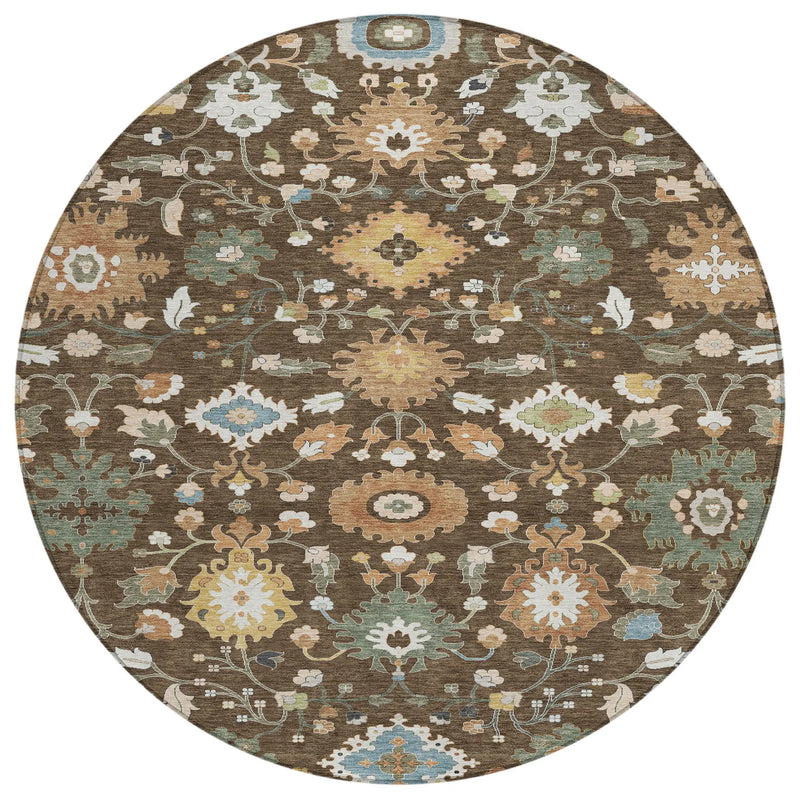 8' Chocolate And Copper Round Floral Medallion Washable Indoor Outdoor Area Rug Homeroots Outdoor