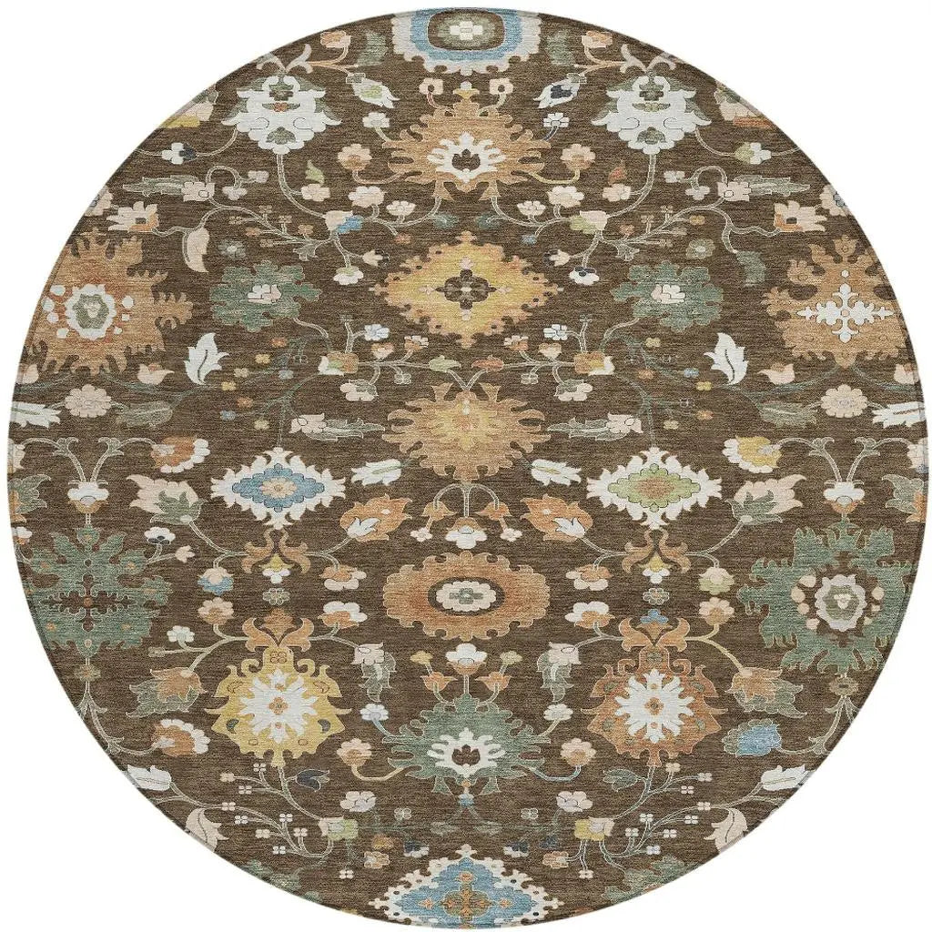 8' Chocolate And Copper Round Floral Medallion Washable Indoor Outdoor Area Rug Homeroots Outdoor