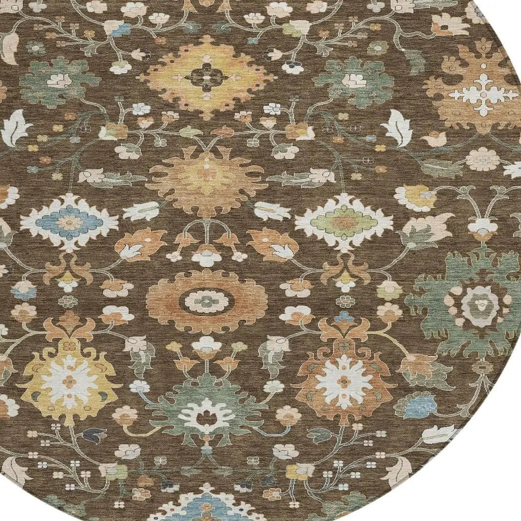 8' Chocolate And Copper Round Floral Medallion Washable Indoor Outdoor Area Rug Homeroots Outdoor