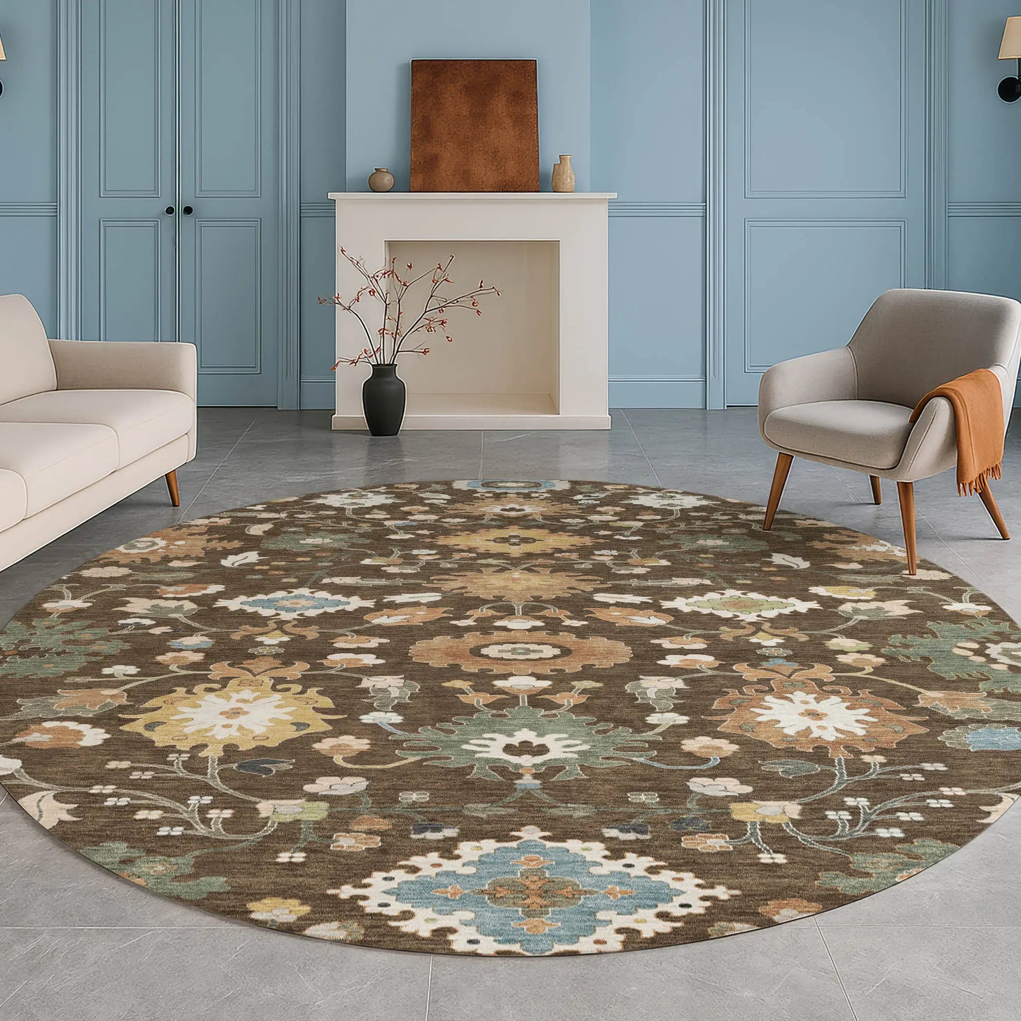 8' Chocolate And Copper Round Floral Medallion Washable Indoor Outdoor Area Rug Homeroots Outdoor
