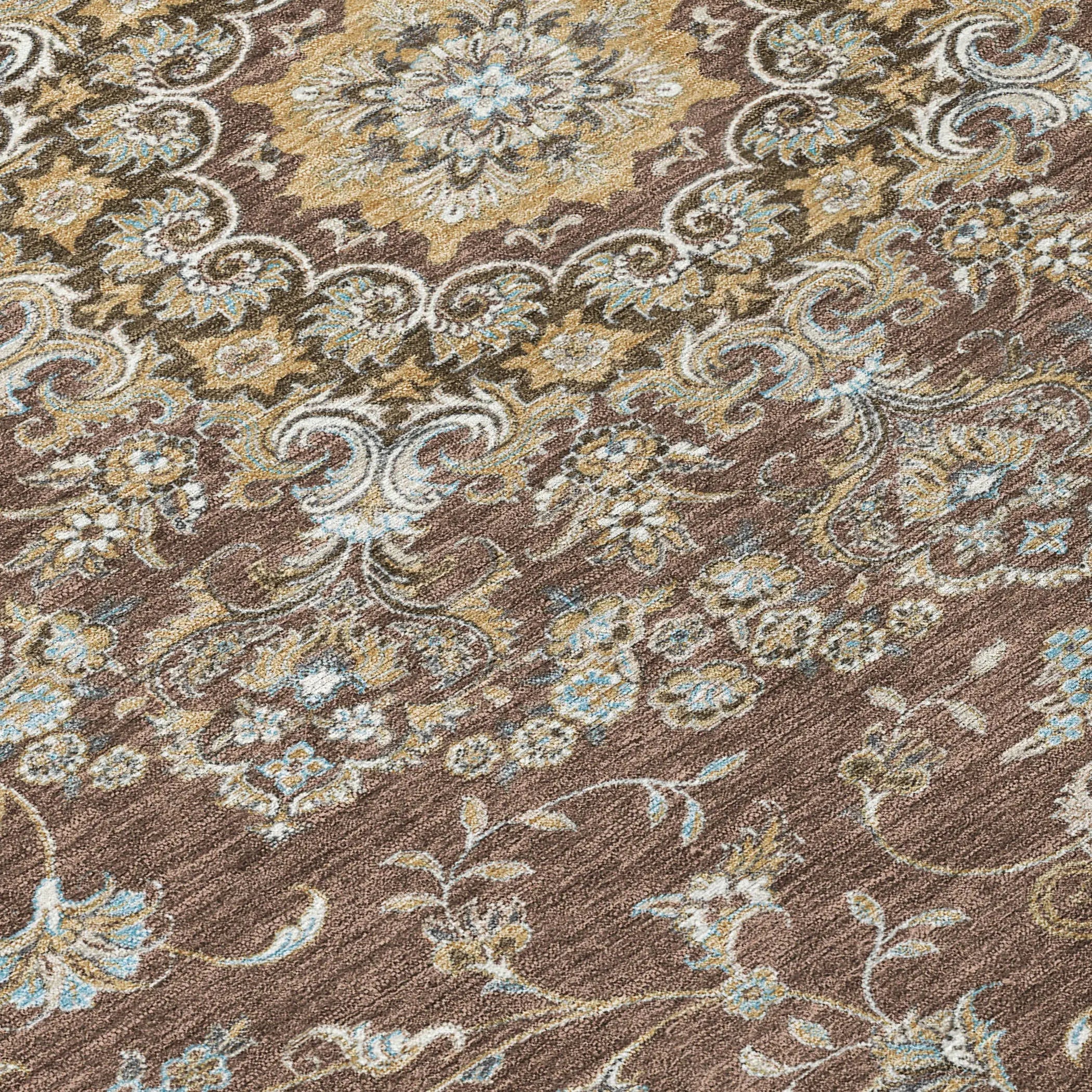 8' Chocolate And Copper Round Floral Medallion Washable Indoor Outdoor Area Rug Homeroots Outdoor