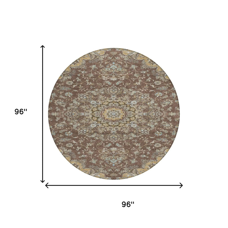 8' Chocolate And Copper Round Floral Medallion Washable Indoor Outdoor Area Rug Homeroots Outdoor