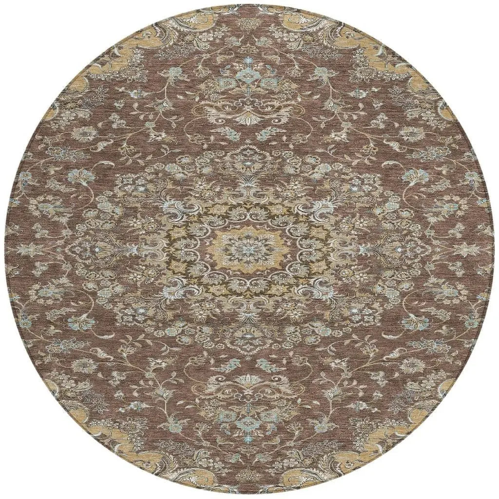 8' Chocolate And Copper Round Floral Medallion Washable Indoor Outdoor Area Rug Homeroots Outdoor