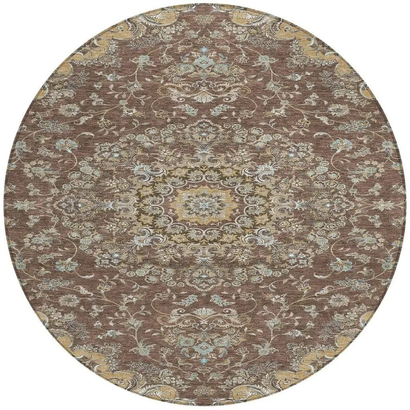 8' Chocolate And Copper Round Floral Medallion Washable Indoor Outdoor Area Rug Homeroots Outdoor
