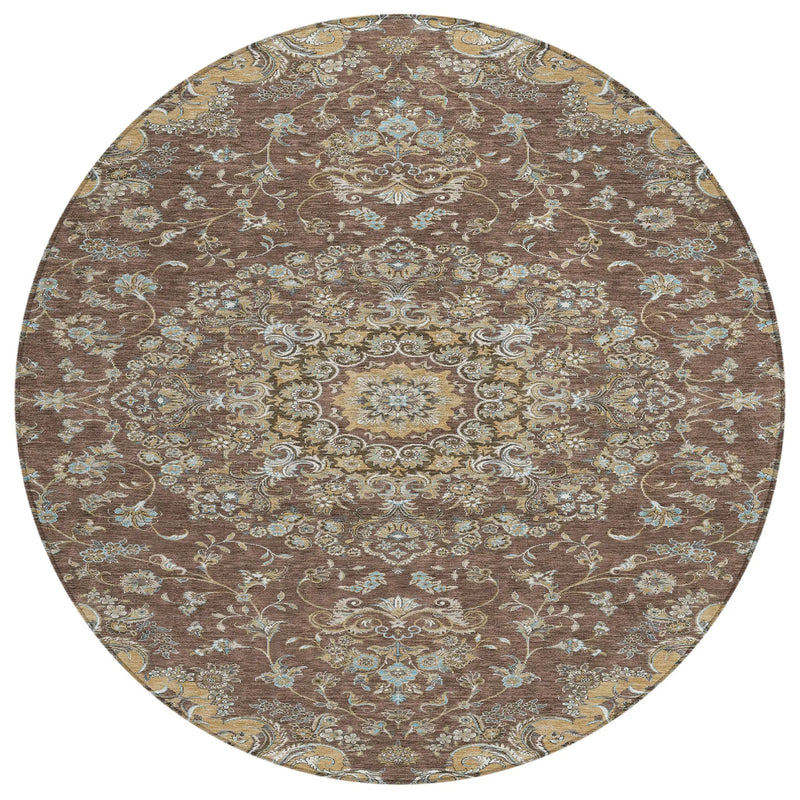 8' Chocolate And Copper Round Floral Medallion Washable Indoor Outdoor Area Rug Homeroots Outdoor