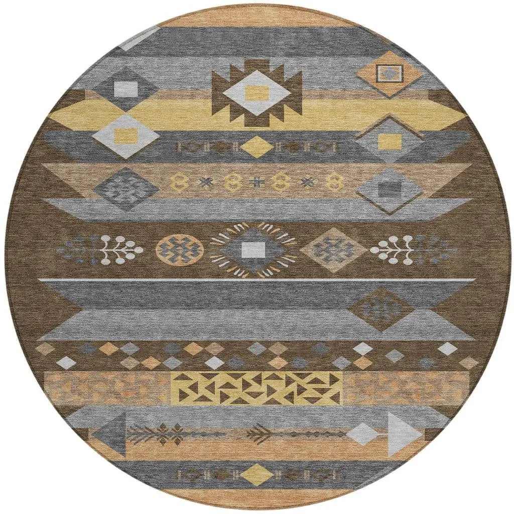 8' Chocolate And Copper Round Geometric Washable Indoor Outdoor Area Rug Homeroots Outdoor
