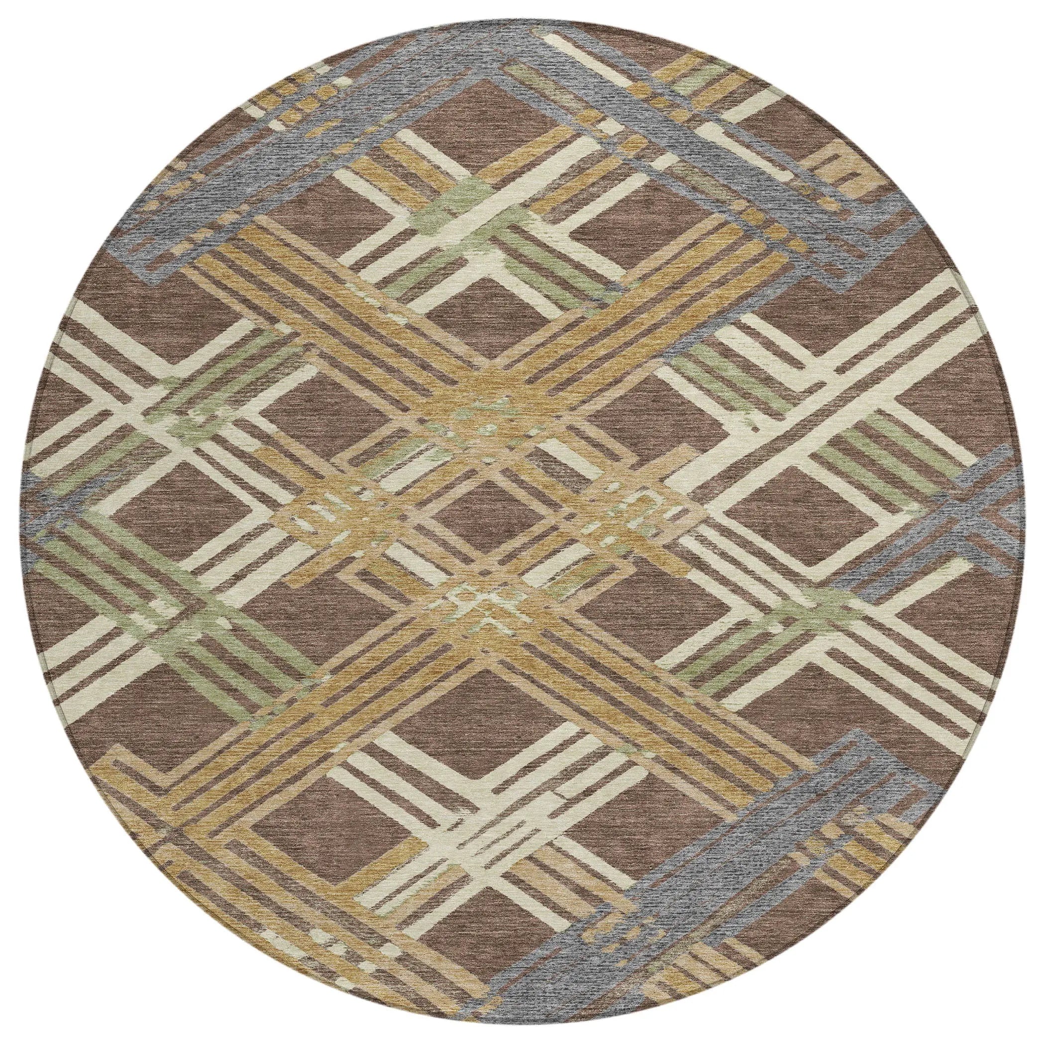 8' Chocolate And Gold Round Geometric Washable Indoor Outdoor Area Rug Homeroots Outdoor
