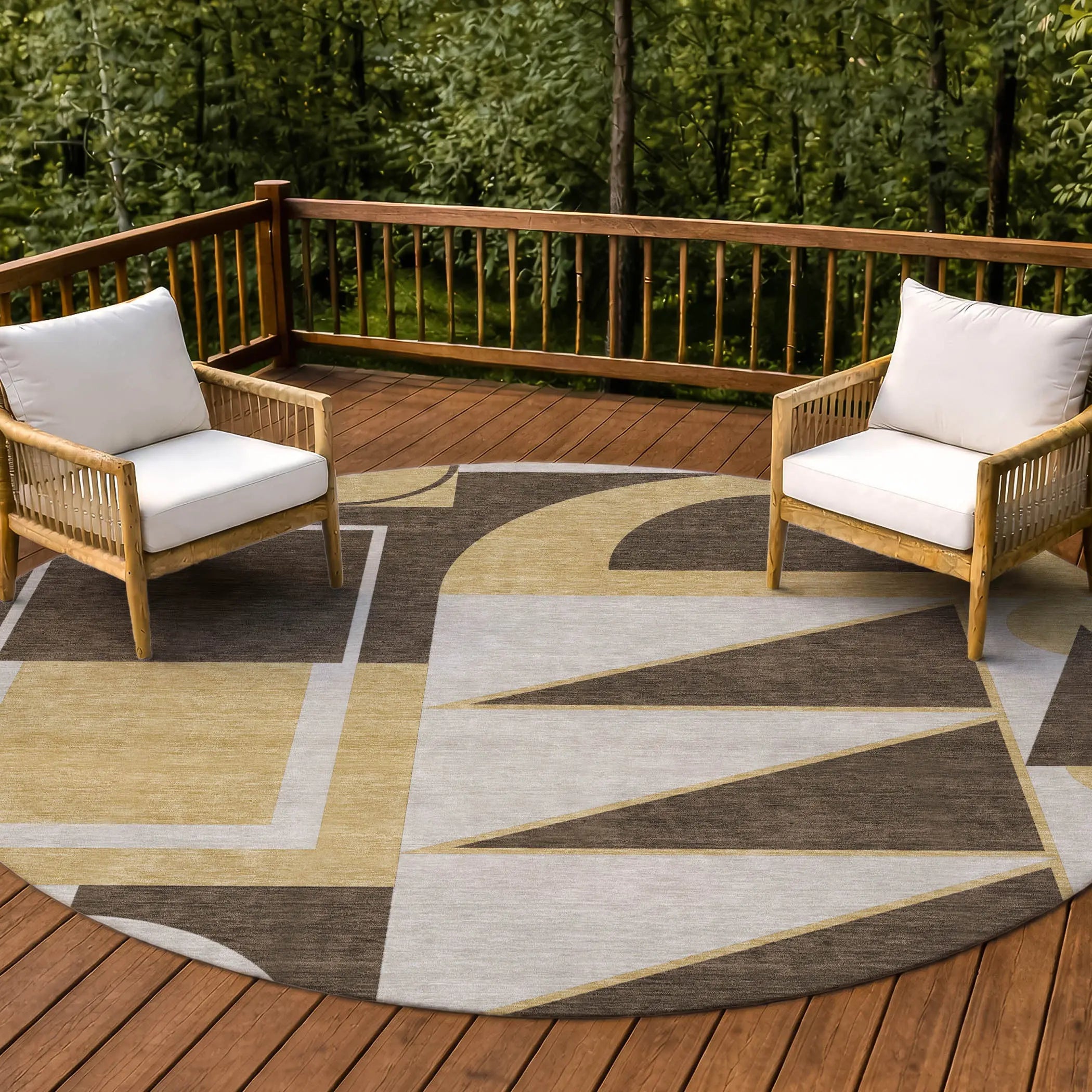 8' Chocolate And Gold Round Geometric Washable Indoor Outdoor Area Rug Homeroots Outdoor