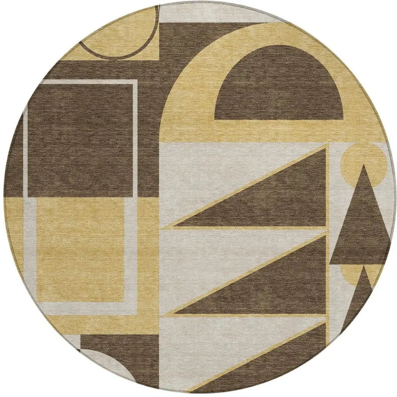 8' Chocolate And Gold Round Geometric Washable Indoor Outdoor Area Rug Homeroots Outdoor