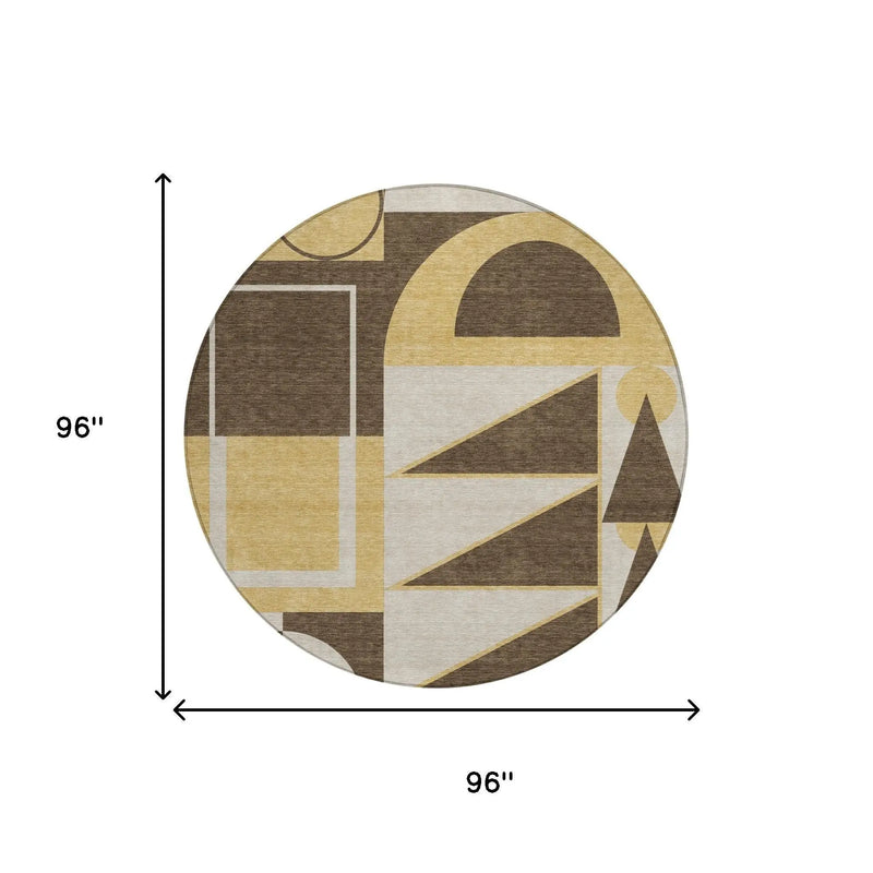 8' Chocolate And Gold Round Geometric Washable Indoor Outdoor Area Rug Homeroots Outdoor