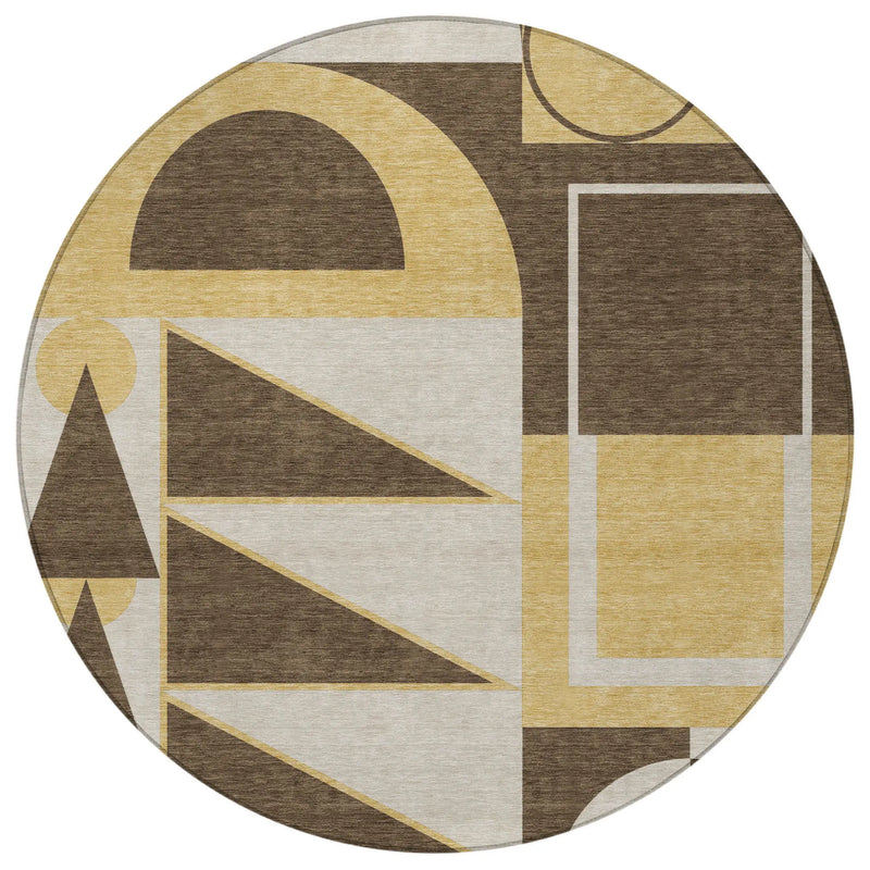 8' Chocolate And Gold Round Geometric Washable Indoor Outdoor Area Rug Homeroots Outdoor