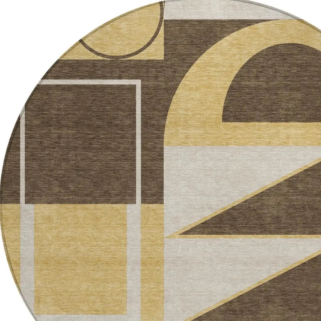 8' Chocolate And Gold Round Geometric Washable Indoor Outdoor Area Rug Homeroots Outdoor
