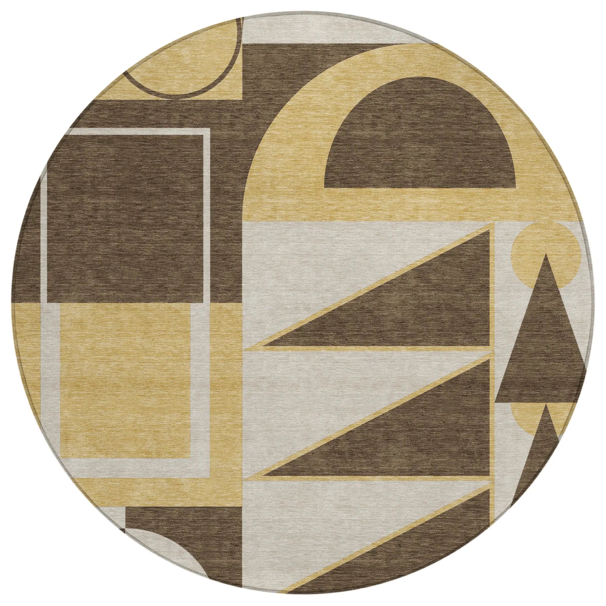 8' Chocolate And Gold Round Geometric Washable Indoor Outdoor Area Rug Homeroots Outdoor