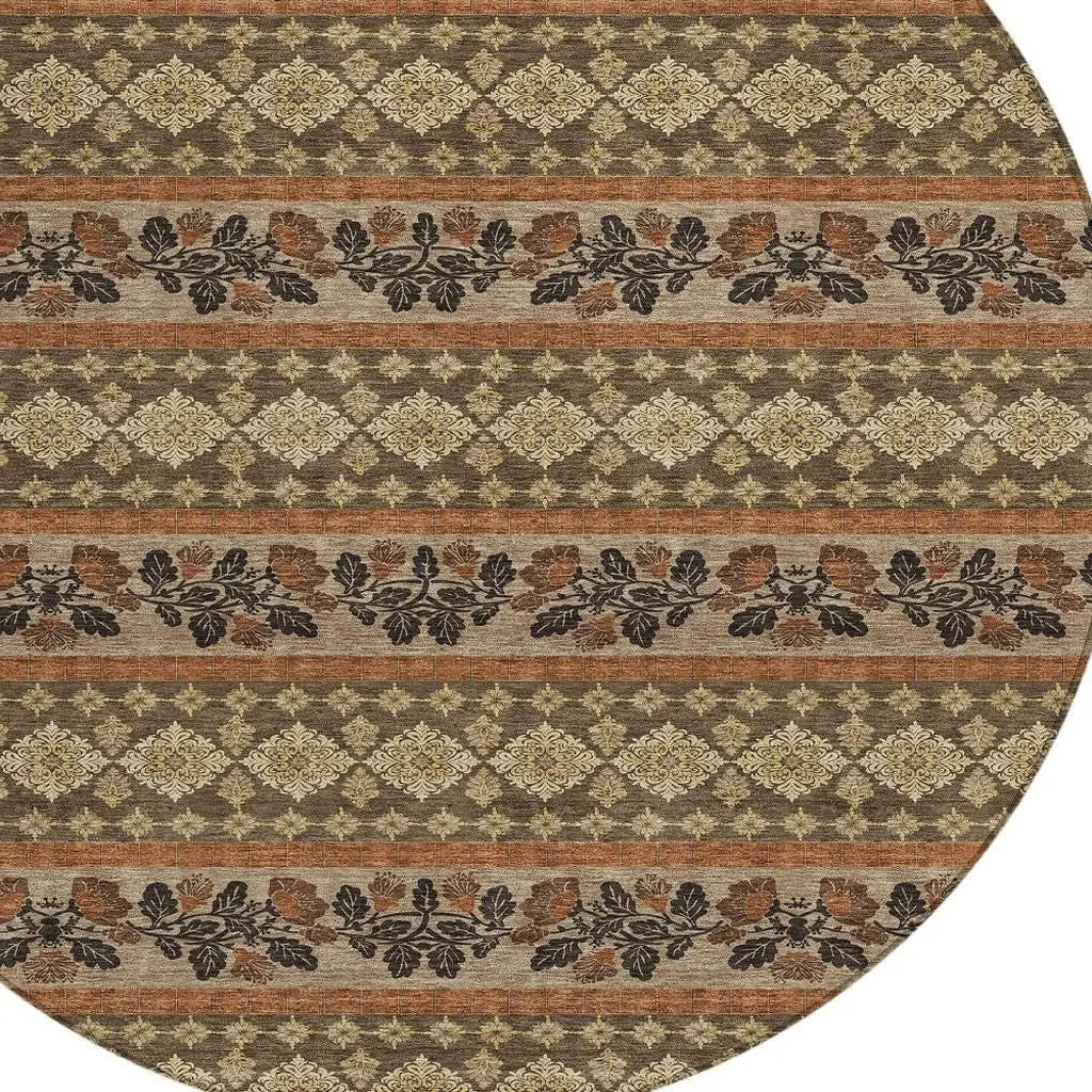 8' Chocolate And Gold Round Striped Washable Indoor Outdoor Area Rug Homeroots Outdoor