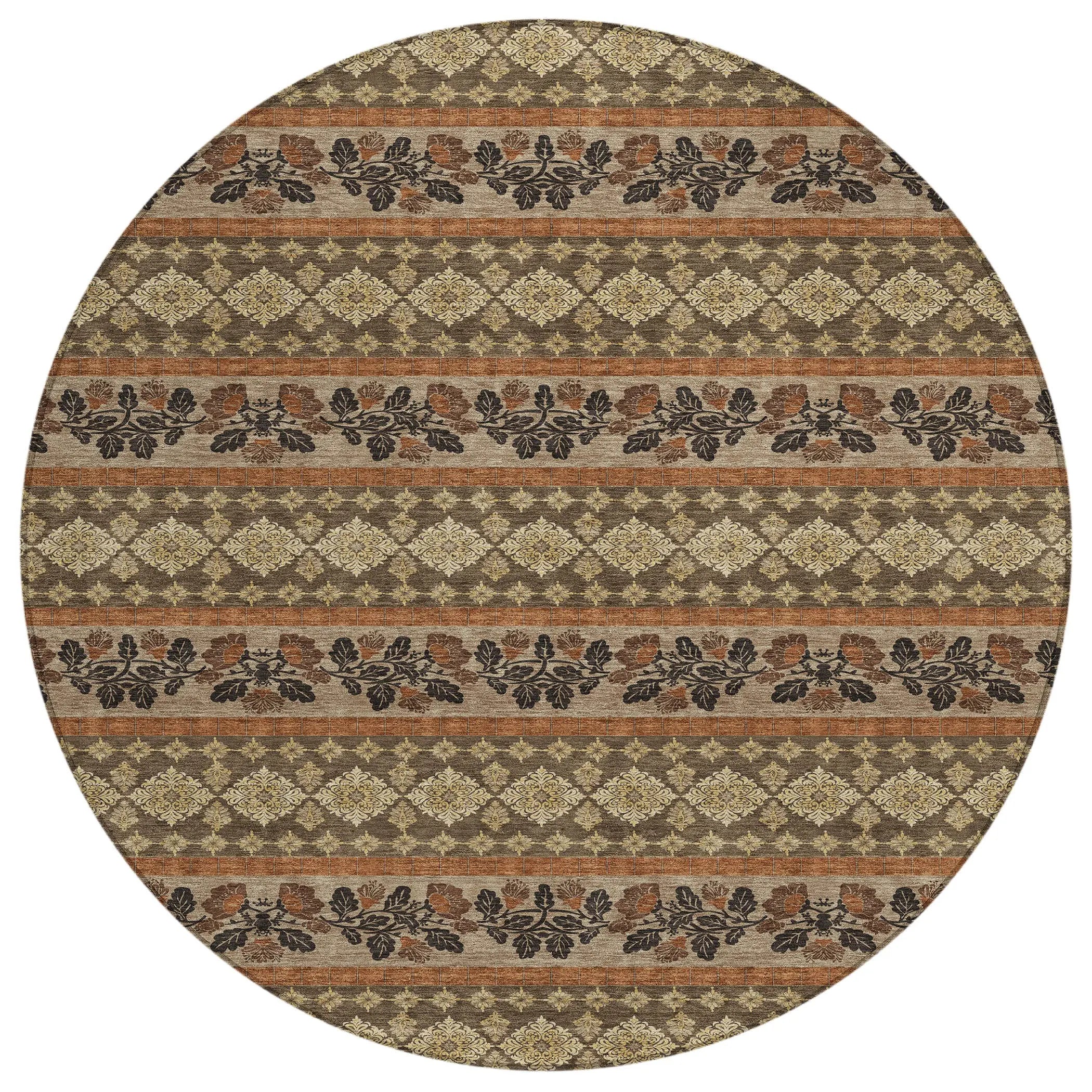 8' Chocolate And Gold Round Striped Washable Indoor Outdoor Area Rug Homeroots Outdoor