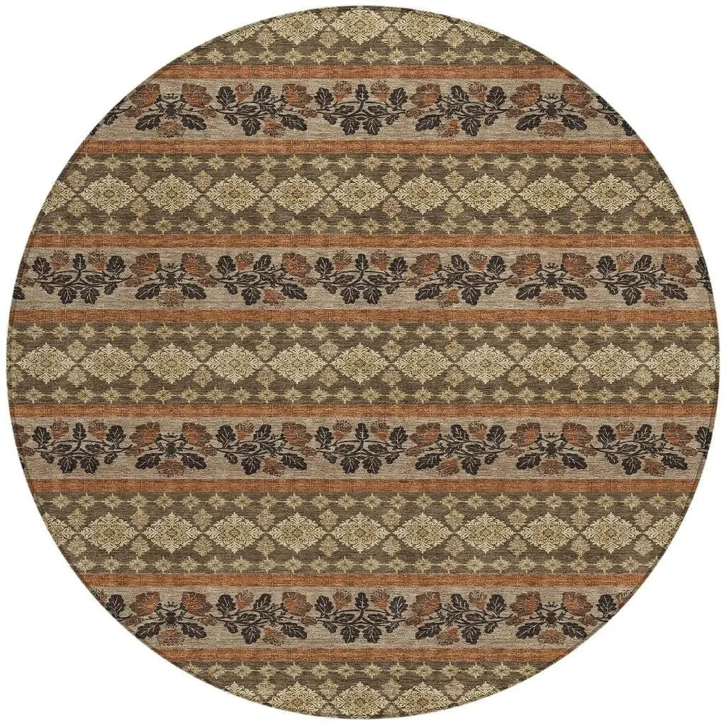 8' Chocolate And Gold Round Striped Washable Indoor Outdoor Area Rug Homeroots Outdoor