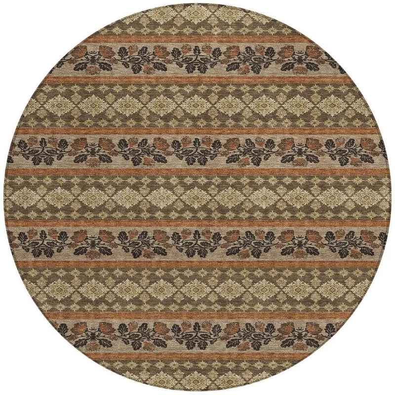 8' Chocolate And Gold Round Striped Washable Indoor Outdoor Area Rug Homeroots Outdoor