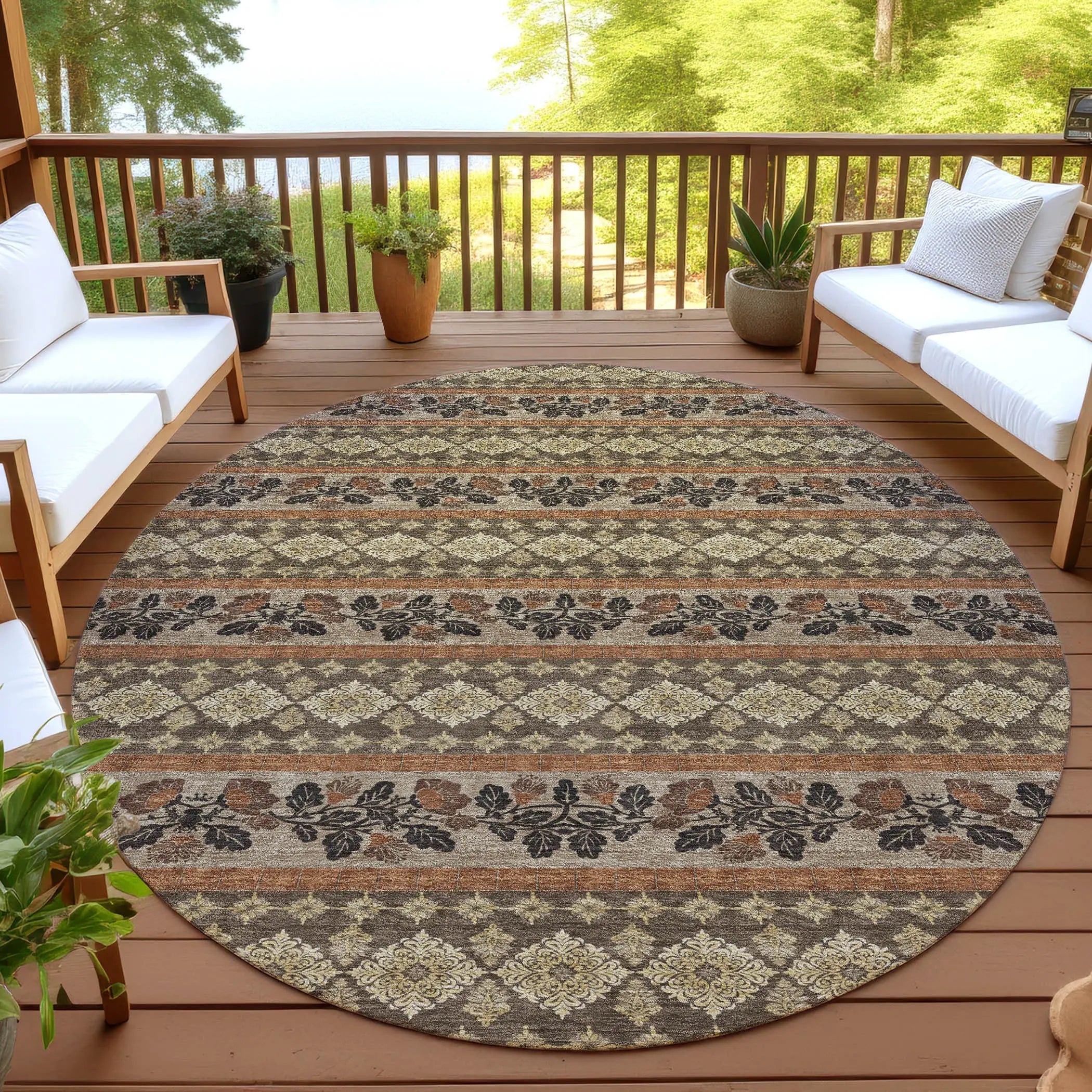 8' Chocolate And Gold Round Striped Washable Indoor Outdoor Area Rug Homeroots Outdoor