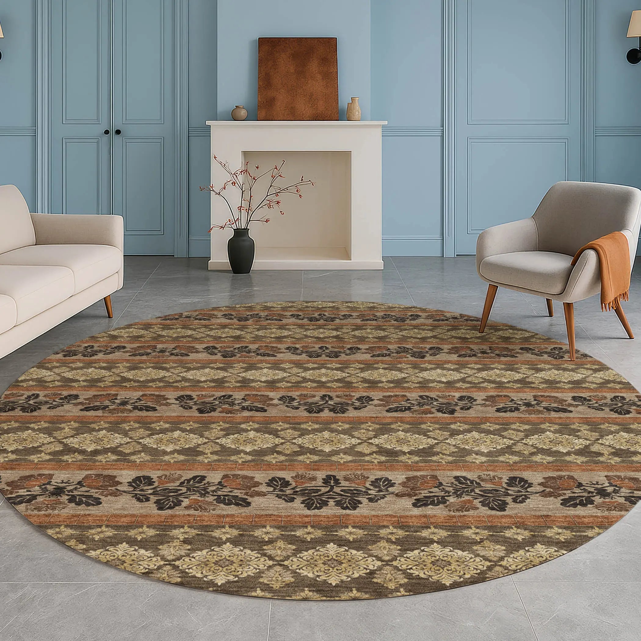 8' Chocolate And Gold Round Striped Washable Indoor Outdoor Area Rug Homeroots Outdoor