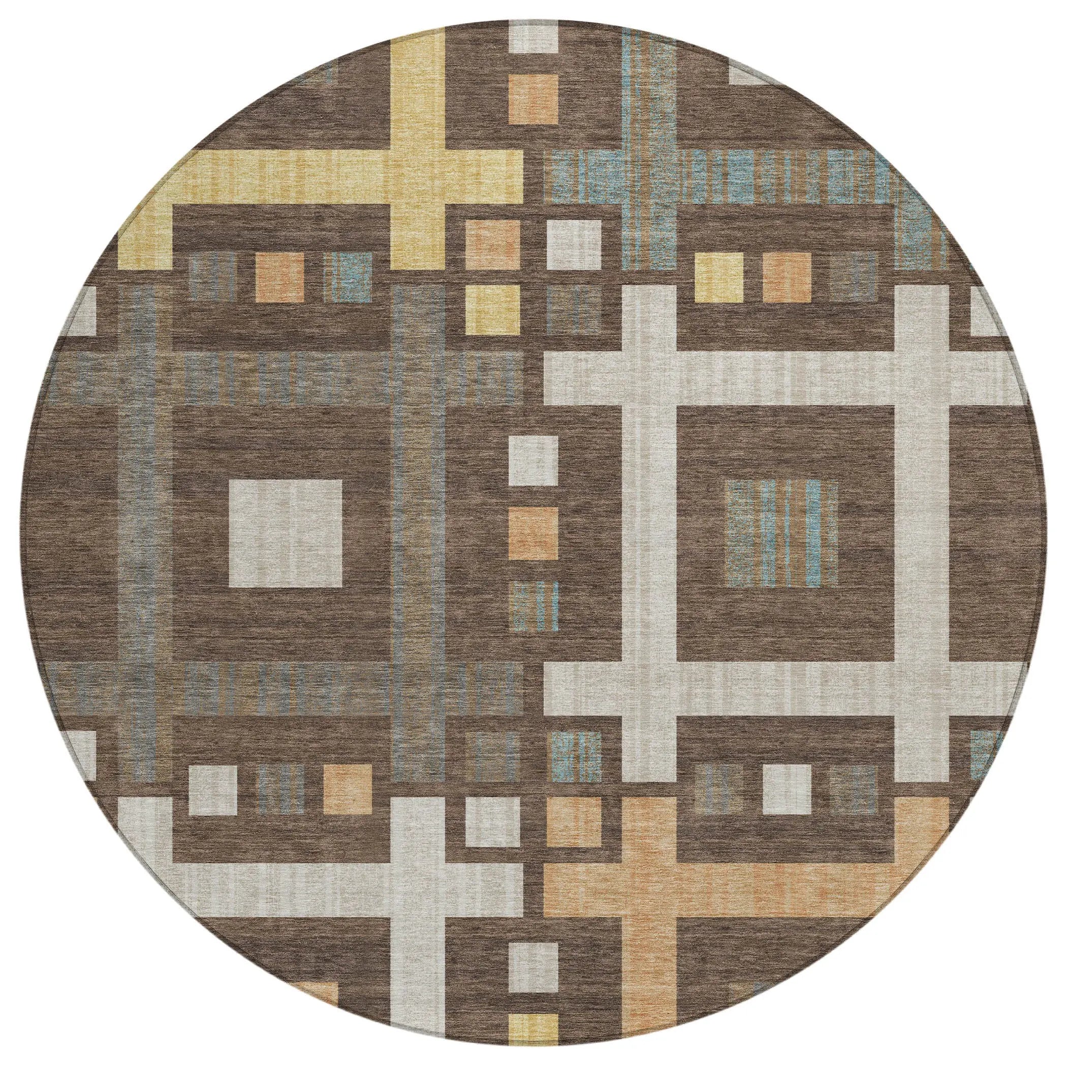 8' Chocolate And Graphite Round Geometric Washable Indoor Outdoor Area Rug Homeroots Outdoor