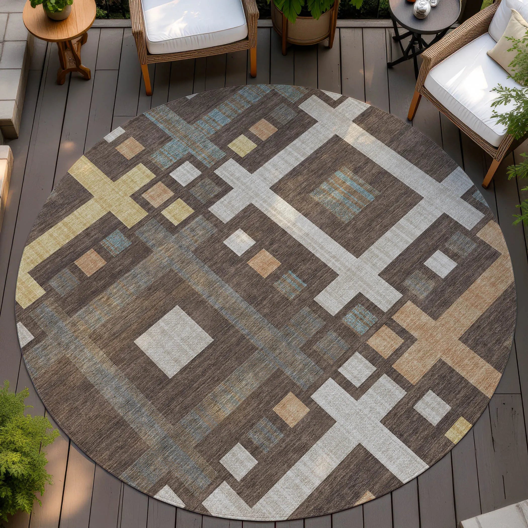 8' Chocolate And Graphite Round Geometric Washable Indoor Outdoor Area Rug Homeroots Outdoor
