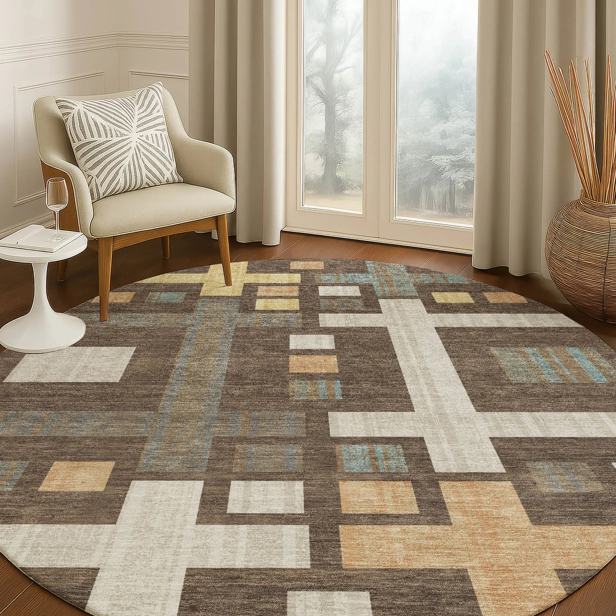 8' Chocolate And Graphite Round Geometric Washable Indoor Outdoor Area Rug Homeroots Outdoor
