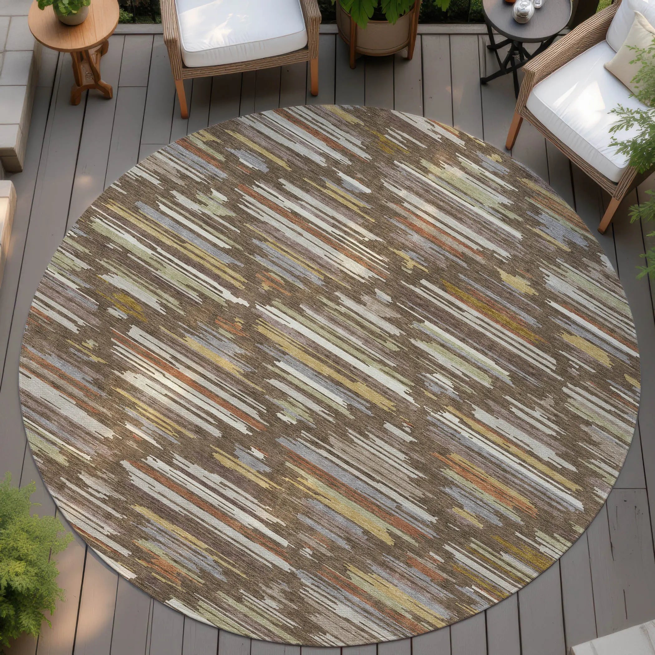 8' Chocolate And Gray Round Southwestern Washable Indoor Outdoor Area Rug Homeroots Outdoor