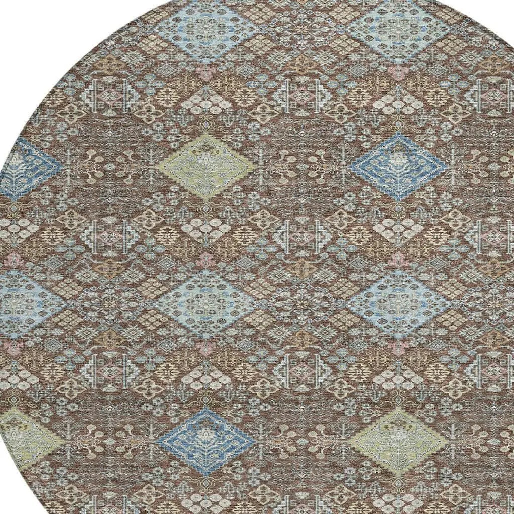 8' Chocolate And Green Round Oriental Washable Indoor Outdoor Area Rug Homeroots Outdoor