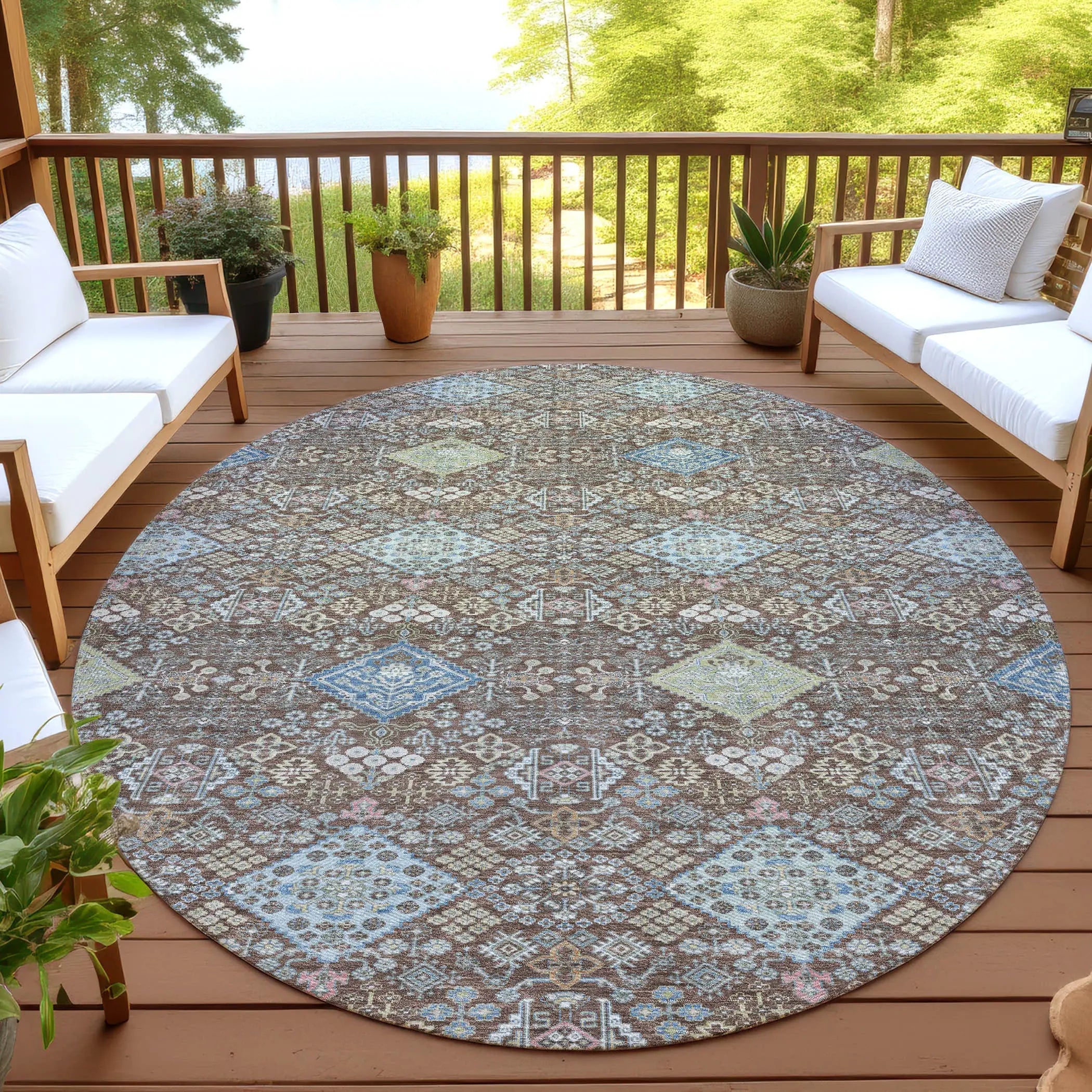 8' Chocolate And Green Round Oriental Washable Indoor Outdoor Area Rug Homeroots Outdoor