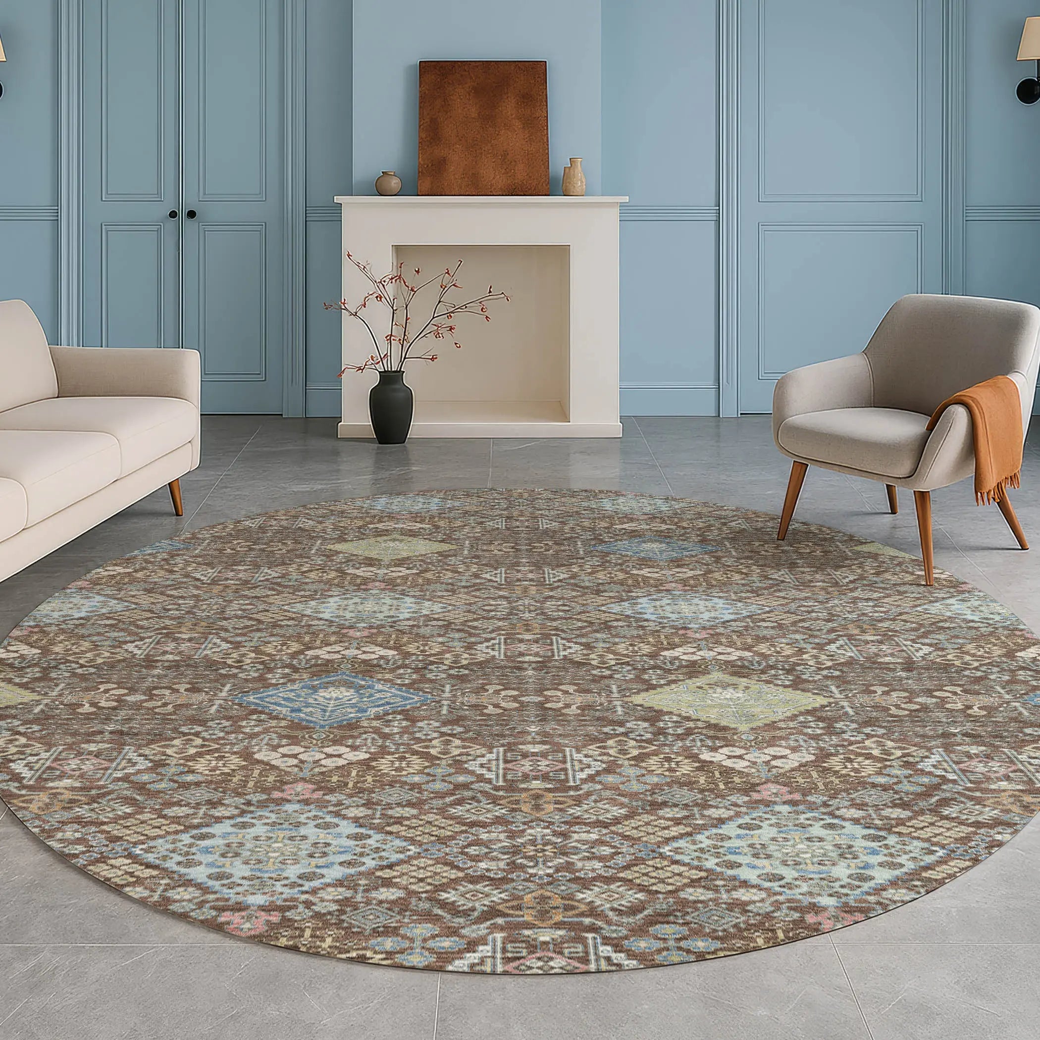 8' Chocolate And Green Round Oriental Washable Indoor Outdoor Area Rug Homeroots Outdoor