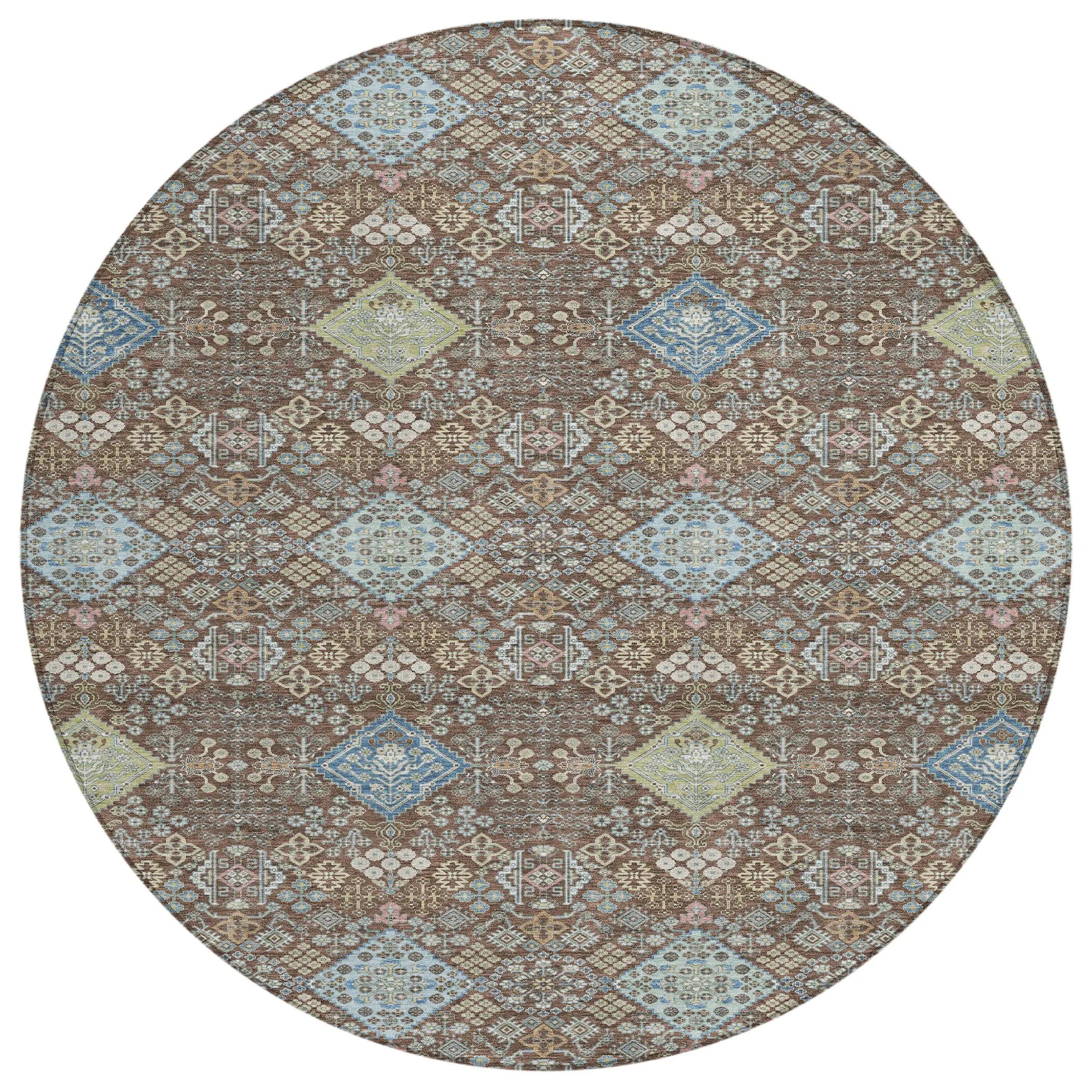 8' Chocolate And Green Round Oriental Washable Indoor Outdoor Area Rug Homeroots Outdoor